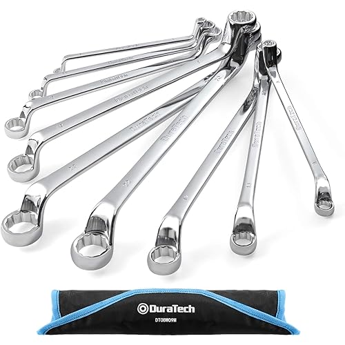 Offset Box Wrench Set, Metric, 9-Piece, 6-23mm, 75-Degree, Chrome Vanadium Steel Construction with Rolling Pouch
