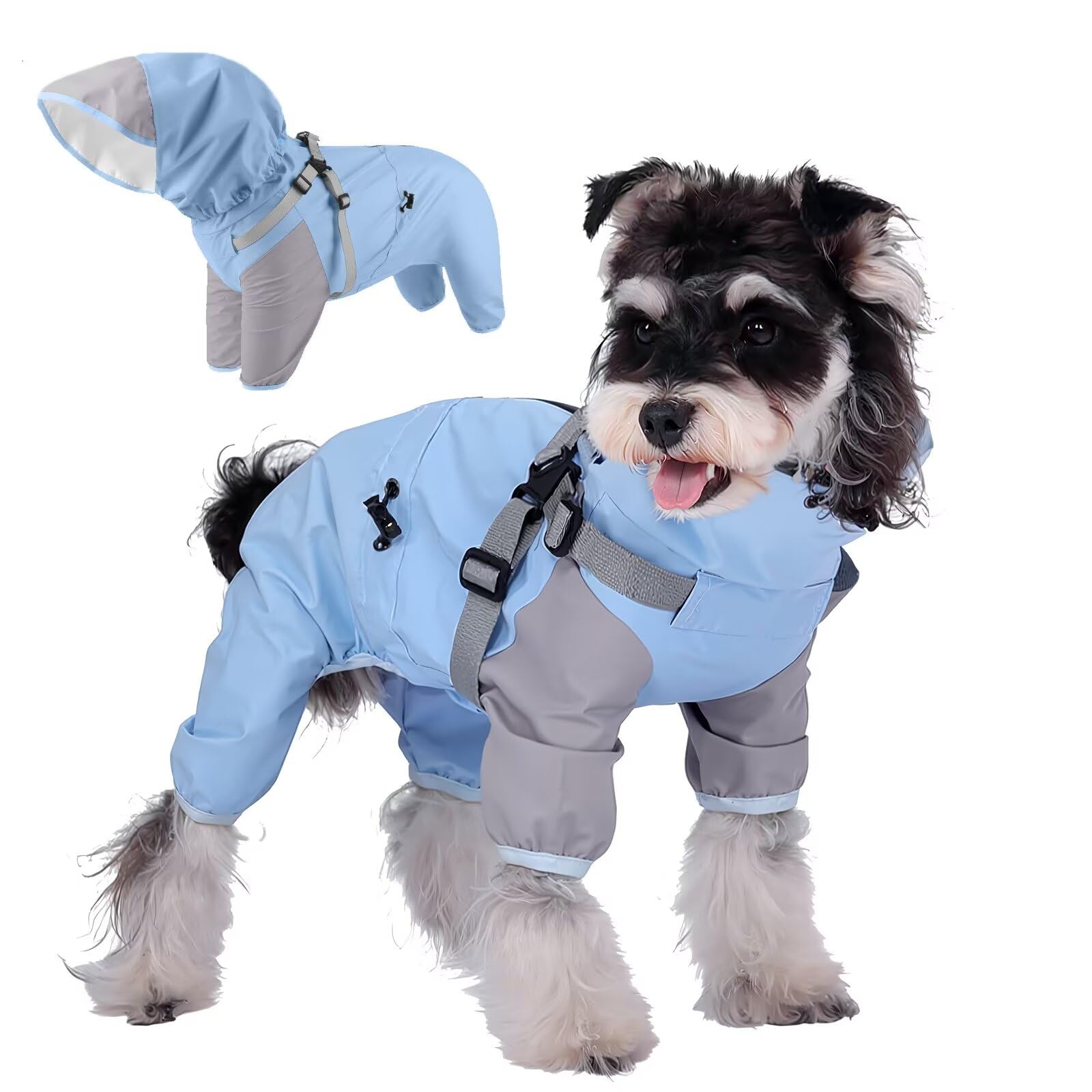 Premium 4-Legs Dog Raincoat & Windbreaker - 814mm Heavy Rain Protection Waterproof Sun Protection Jacket with Built-in Harness, Detachable Hood, Adjustable Fit & Breathable Mesh Lining