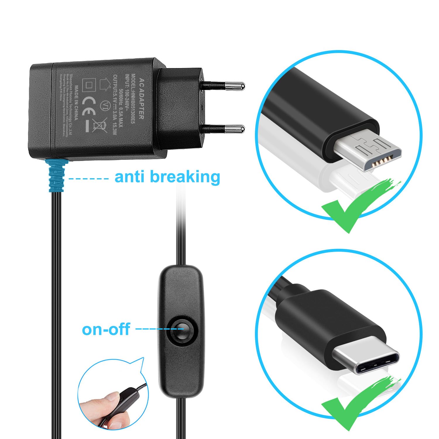 Cargador para Raspberry Pi 3/4, Cargador de 5.1V / 3A USB-C con Conector ON/Off para Raspberry Pi 3 4 Modell B,para Raspberry Pi 4
