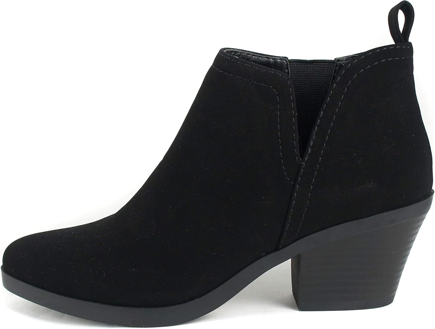 Soda ARMORY ~ ALMOND TOE STACK BLOCK HEEL V CUT SHAFT FASHION ANKLE BOOTIE W/ELASTIC GORE (Black, numeric_7_point_5)
