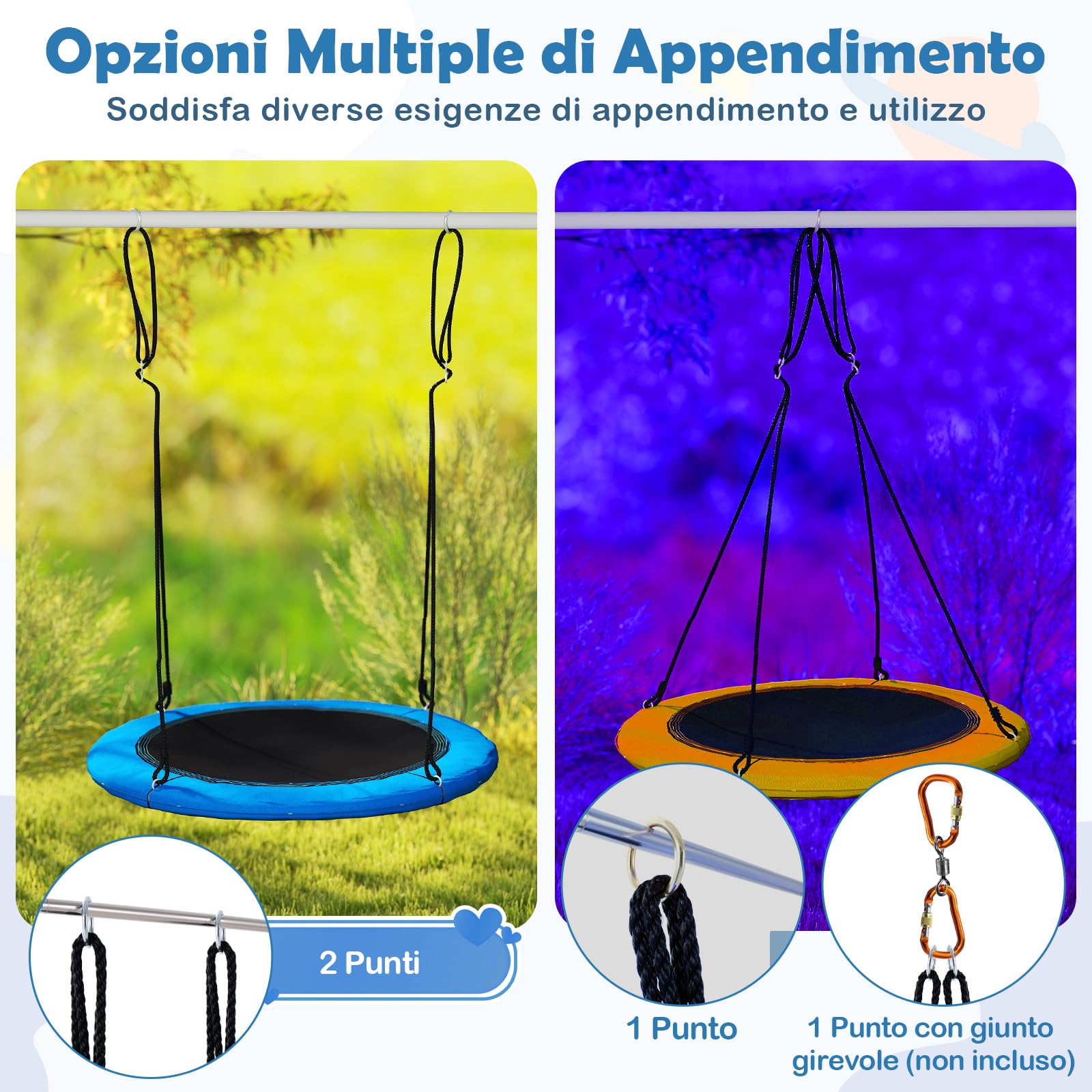 COSTWAY Altalena a Nido 100 cm per Bambini e Adulti, Altalena Rotonda con Luci LED Colorate e 2 Funi Regolabili, Capacità di Carico 300 kg da Giardino Esterno (Blu)
