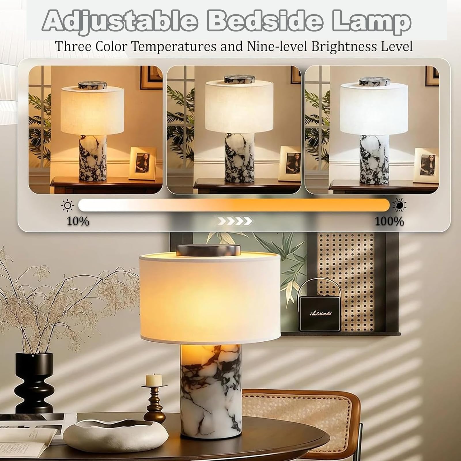 Lámpara De Mesa Recargable Táctil De Lujo Con Base De Mármol Y Pantalla De Lino, Luz Nocturna Decorativa De 25 Cm (10 Pulgadas) Para Sala De Estar, Dormitorio Y Recibidor. Null Rechargeable