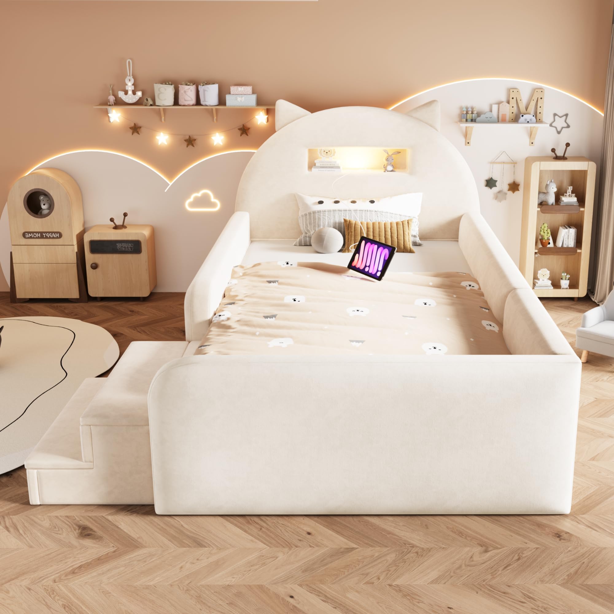 Merax Polsterbett Kinderbett 90x200 cm mit Ohren-Kopfteil, Nachtlicht, USB, Stufensitz & Schubladen – Beige (Ohne Matratze)