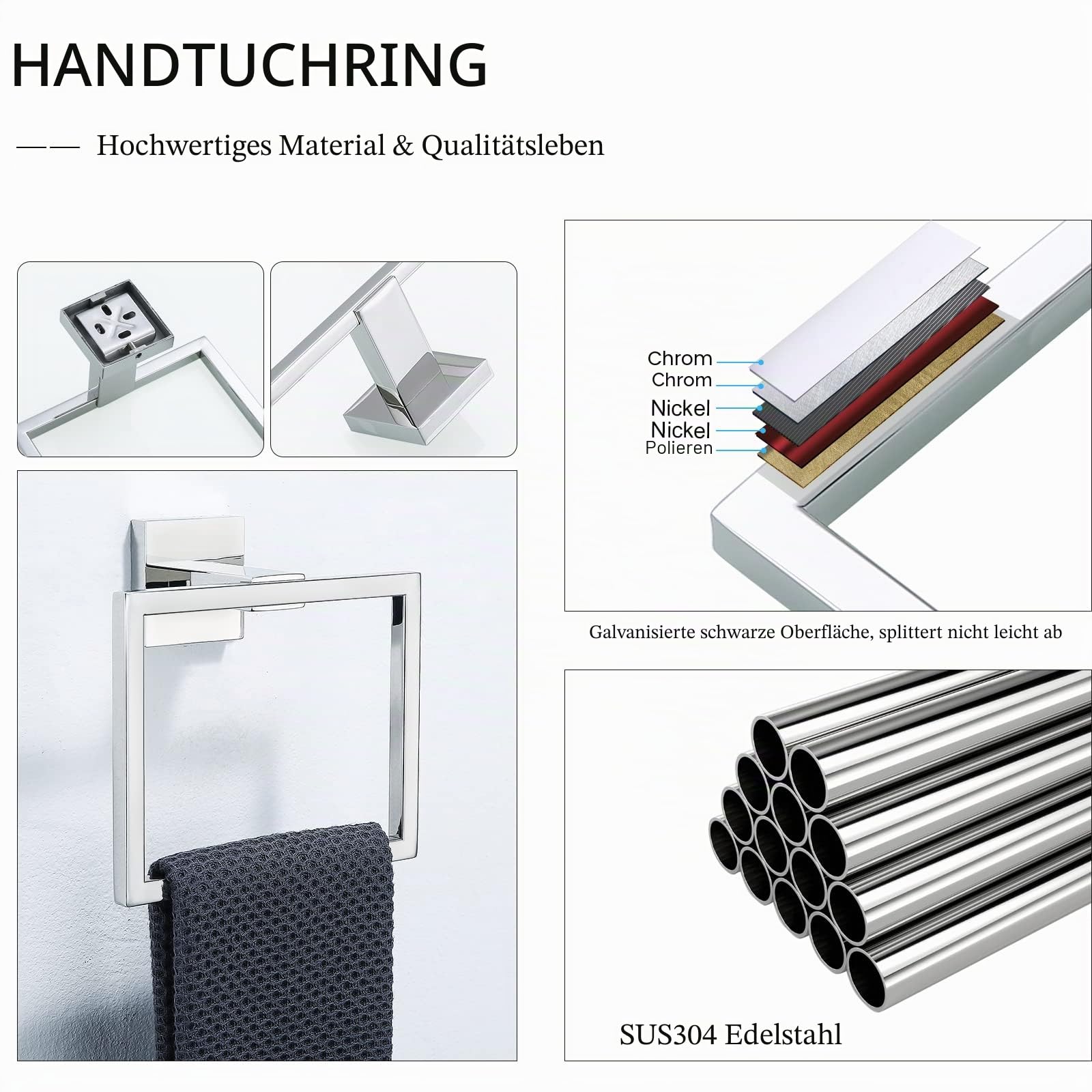 TURS Handtuchhalter Handtuchhalter Handtuchring SUS 304 Edelstahl Wand montiert Chrom Poliert Finish Badezimmer (Chrom Poliert)