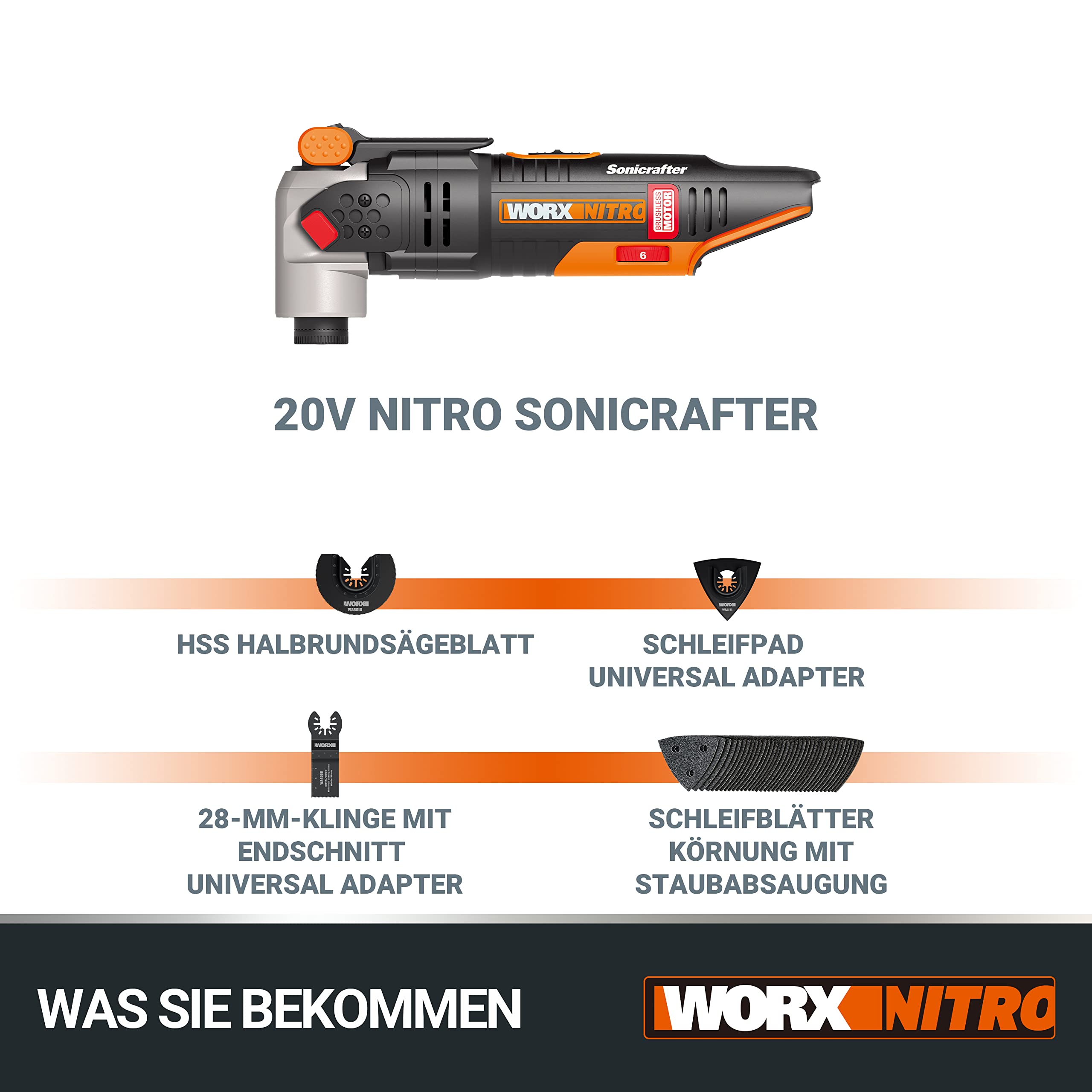 Worx WX693.9 Multifunzione ad Oscillazione Sonicrafter a Batteria 20V, Motore Brushless, Set di 39 pezzi, Velocità Di Oscillazione 8.000-18.000/min., Angolo di Oscillazione 4° - Solo Corpo Macchina