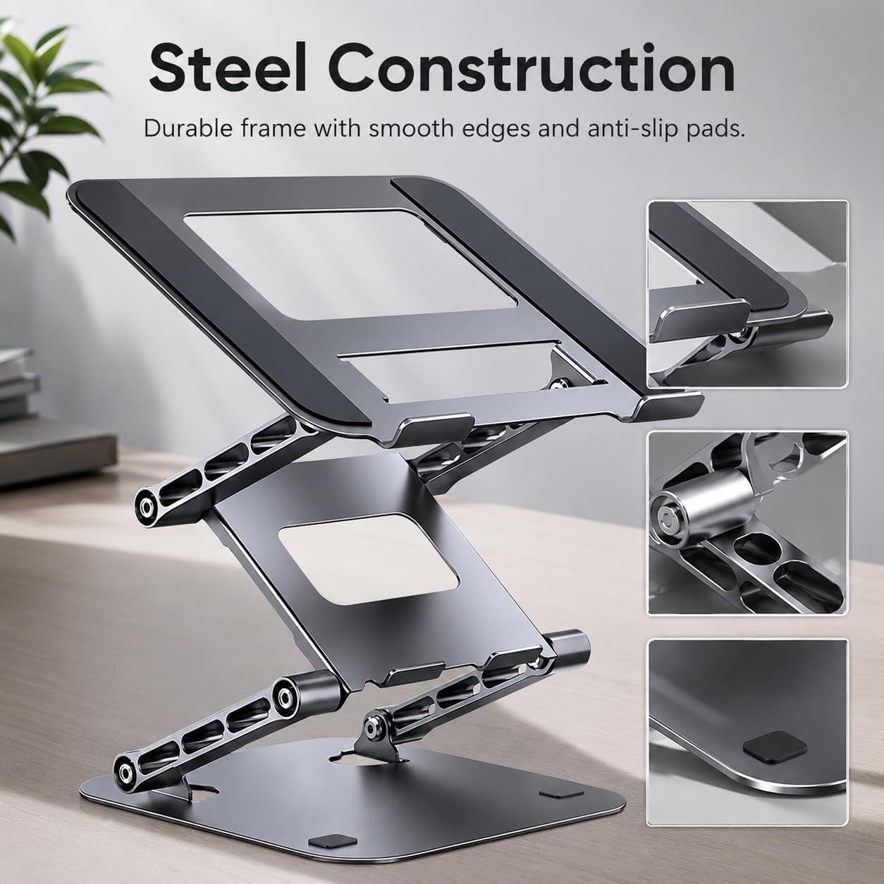 Supporto pieghevole in acciaio per computer portatile, design regolabile da | La struttura a tre livelli supporta fino a 4 kg con flusso d'aria aperto e design pieghevole portatile per lavoro studio