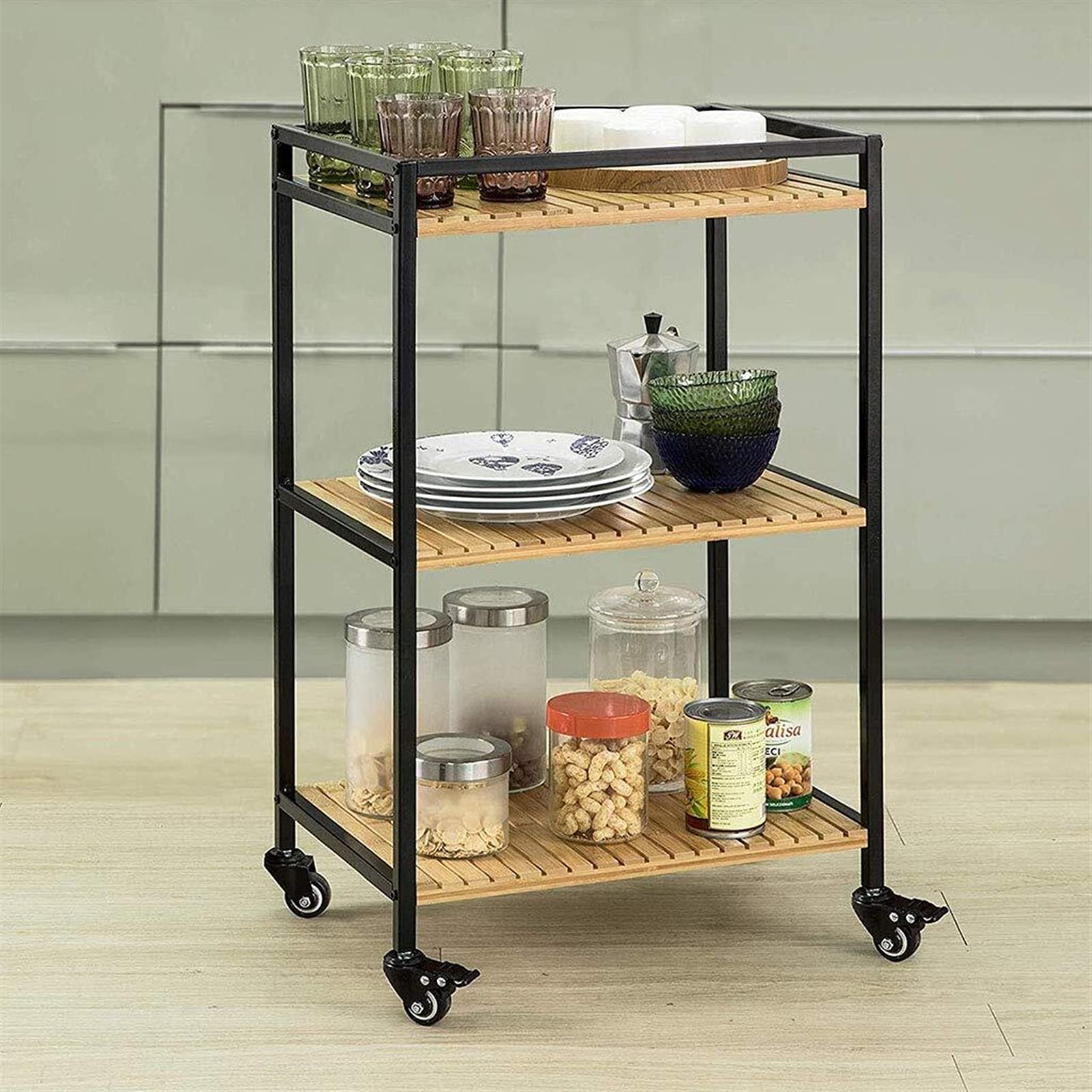 Carrello di Servizio a 2 Livelli in Ferro battuto Casa Ristorante Hotel Ruota dell'Acqua del Vino Condimento Portapiatti per Frutta Carrello portaoggetti Multifunzionale (Nero, 78