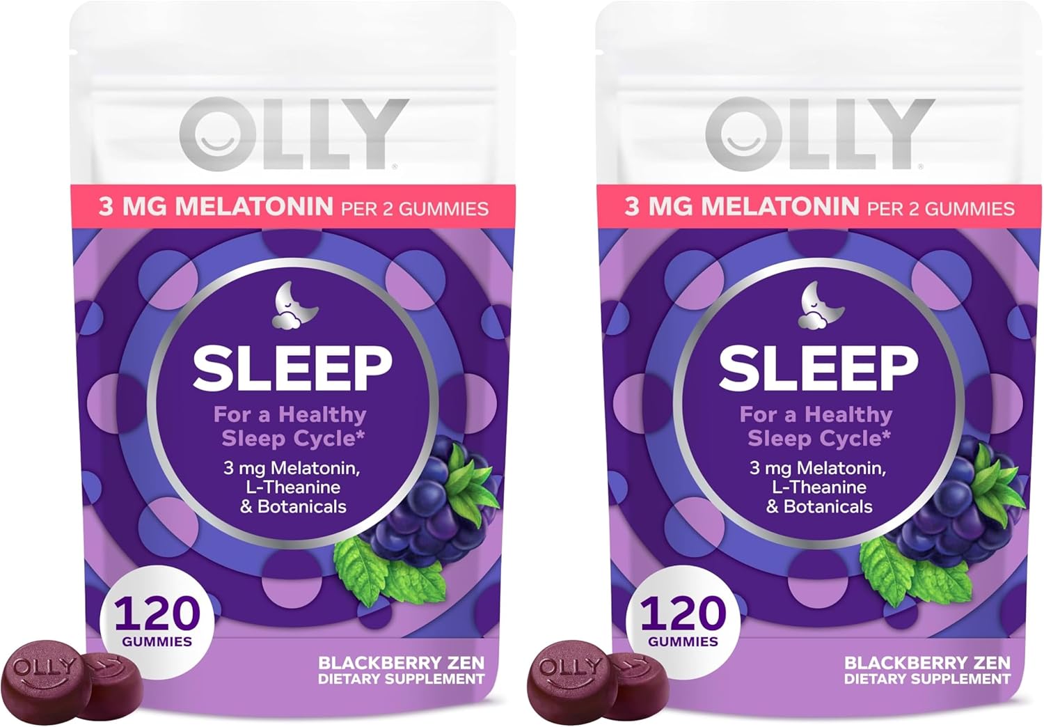 OLLY Sleep Gummy,3 mg Melatonin,L-Theanine,Chamomile,and Lemon Balm Extracts,BlackBerry Flavor,60 Day Supply -,120 Count (Pack of 2)