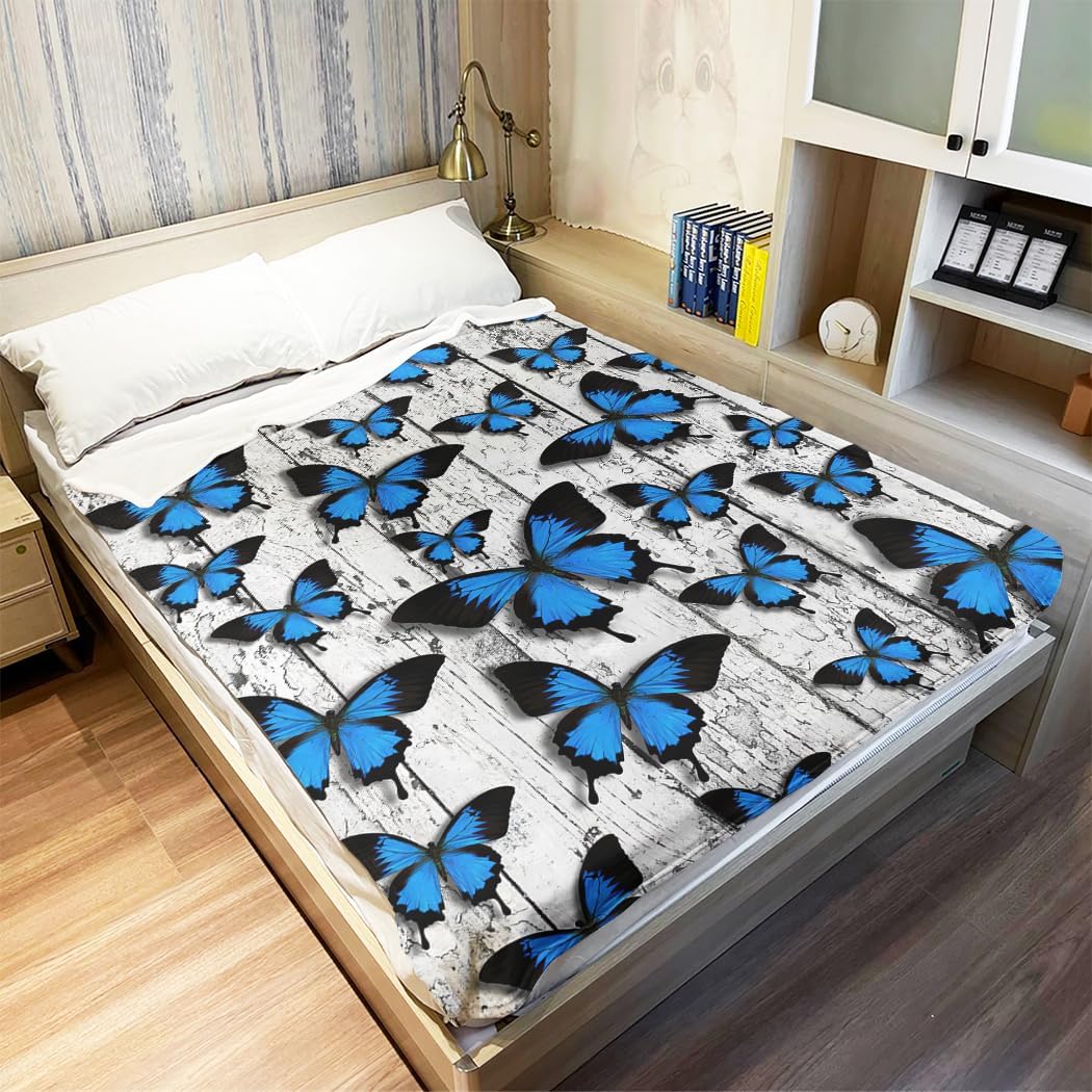 60"x80" Vintage Blue Butterfly Blanket - Soft Fleece Throw, Rustic Wood Design for Couch