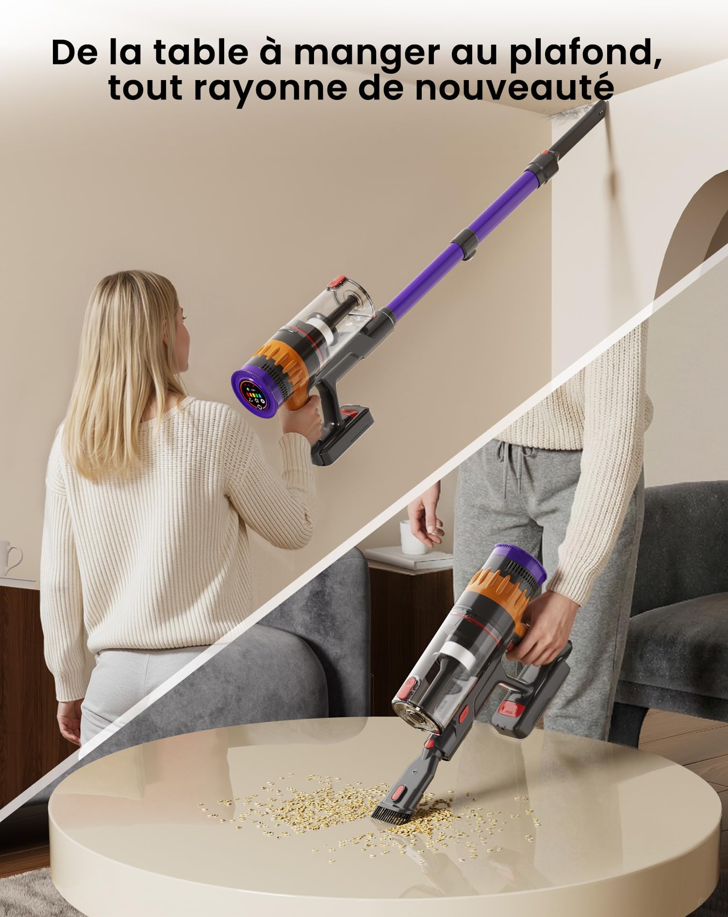 Lefant V1 Aspirador Sin Cable 40 KPa, Potente, Filtración de 5 Capas, Pantalla LED Táctil, 3 Velocidades, Cepillo con LED, Tubo Telescópico, Ideal para Toda la Casa 33