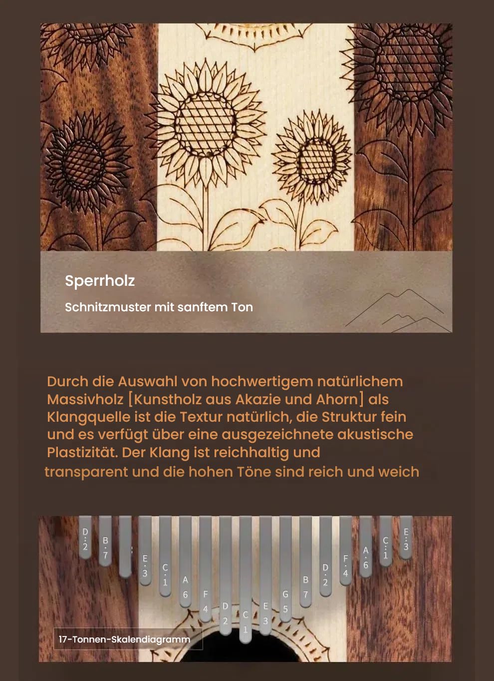 Kalimba 17 Schlüssel, Holz Fingerklaviere，Sonnenblume Professionelle Daumenklavier Carlimba, Mbira Instrumente