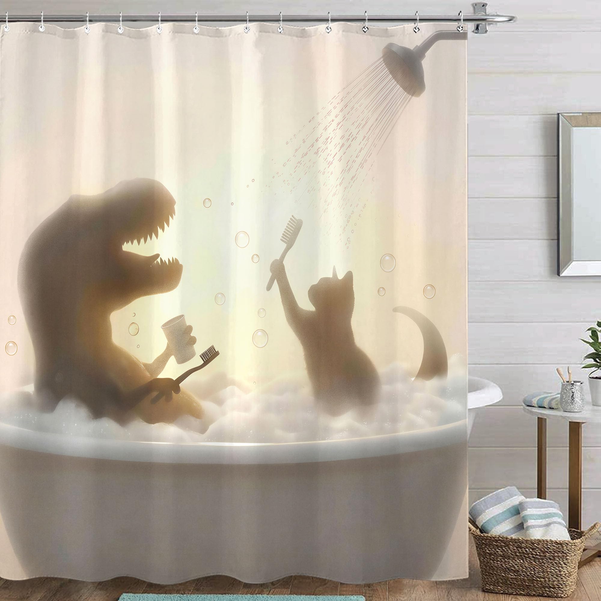 Leeisysme Funny Cat Dinosaur Shower Curtain, Cute Fun Dino Trex Kitty in Bathtub Silhouette Shower Curtains, Cool Unique Whimsical Bathroom Decor, 72x72 inch