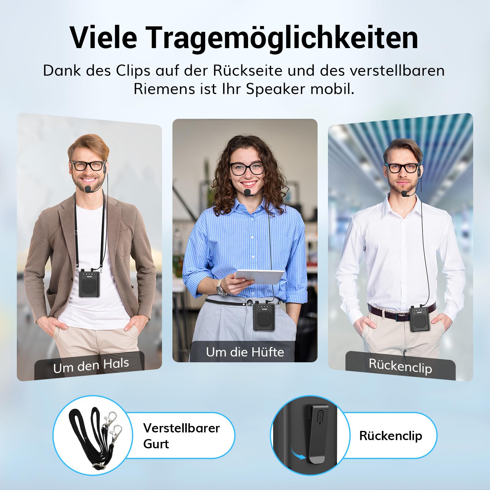 TONOR Sprachverstärker Tragbar, Wiederaufladbarer Mini Stimmverstärker mit Bluetooth Lautsprecher, 100 cm Kabelgebundenem Mikrofon-Headset, PA-System für Trainer, Reiseführer, Tagungen, Fitness, K10