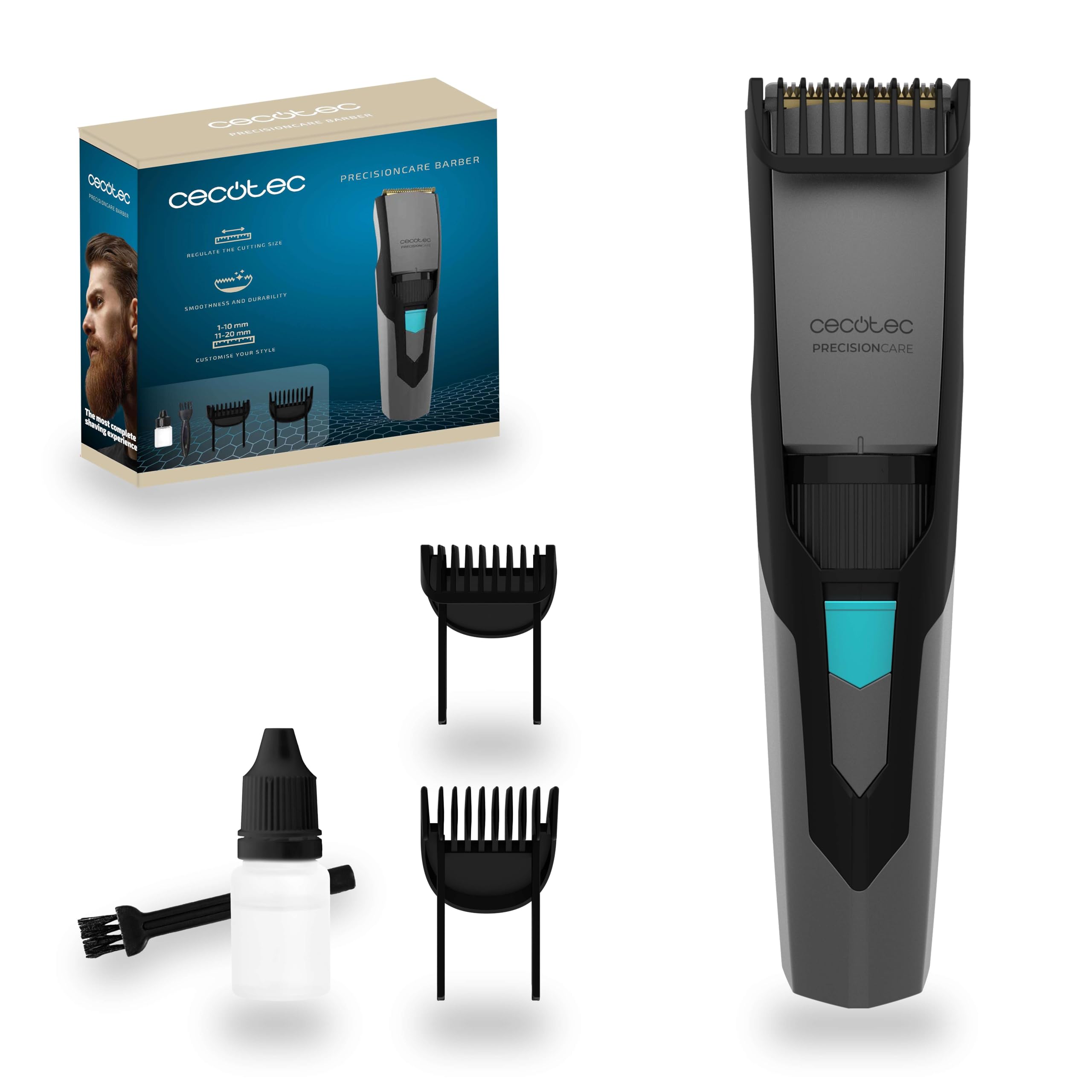 Cecotec Máquina de Cortar Barba Inalámbrica PrecisionCare Barber. Barbero a Batería con Cuchillas de Acero Inoxidable, Peine de 1-10 mm y de 11-20 mm, Autonomía 60mins, Incluye Cepillo y Aceite