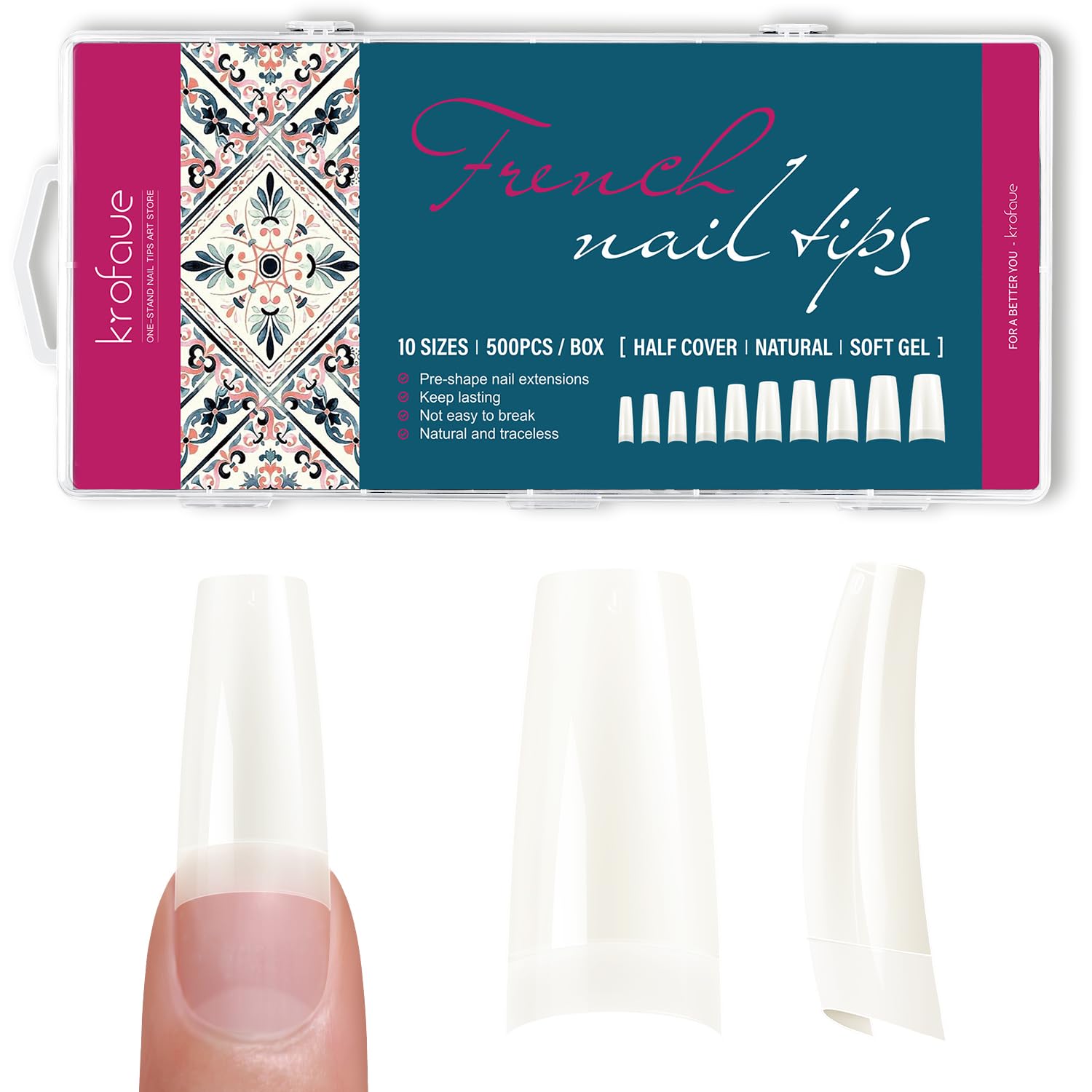 krofaue 500PCS Soft Gel False Nails Tips - Half Cover Acrylic Nail Tips 10 Sizes Lady French Style Acrylic Artificial Tip Manicure with Box for Nail Tips Art Salons and Home DIY