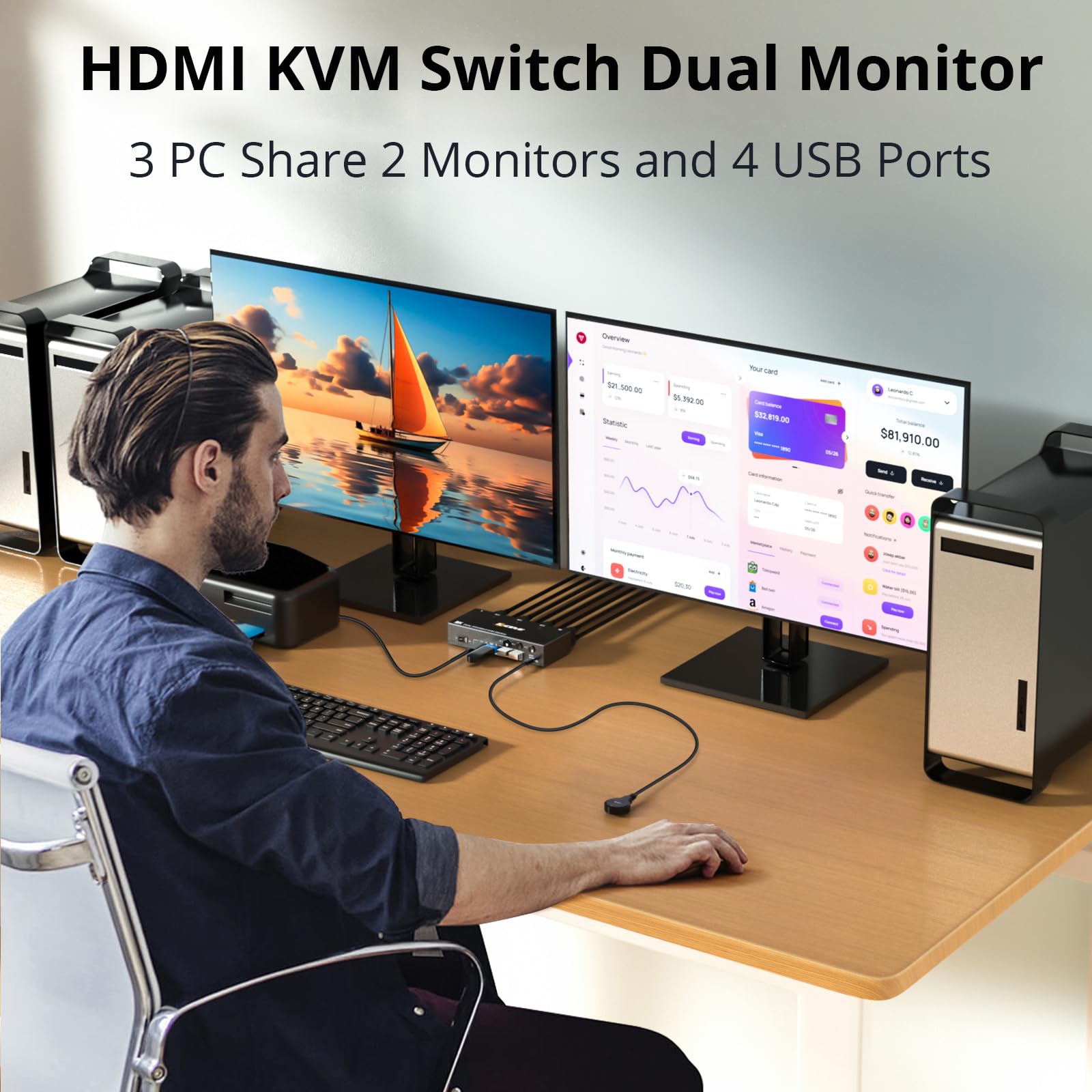 KVM Switch 3 PC 2 Monitore HDMI, EDID Emulator, USB 3.0 HDMI2.0 KVM Switch Dual Monitor 4K@60Hz für 3 PC Teilen Tastatur, Maus, Wired Remote(4K HDMI 3 in 2 out KVM)