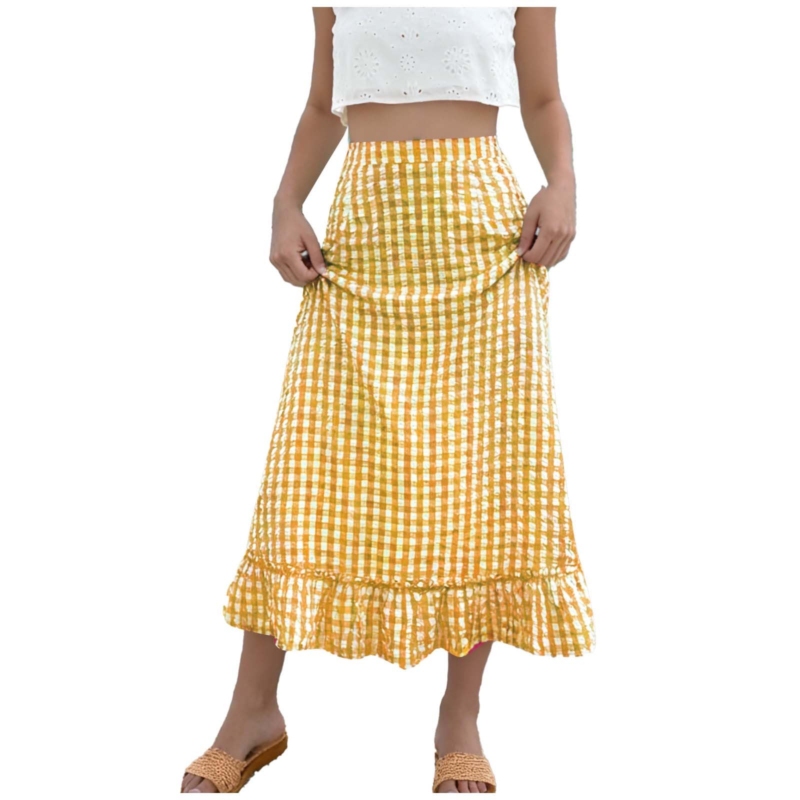 Maxi Skirts for Women A Line Plaid Long Skirt High Waisted Flowy Boho Skirt Summer Beach Skirts with