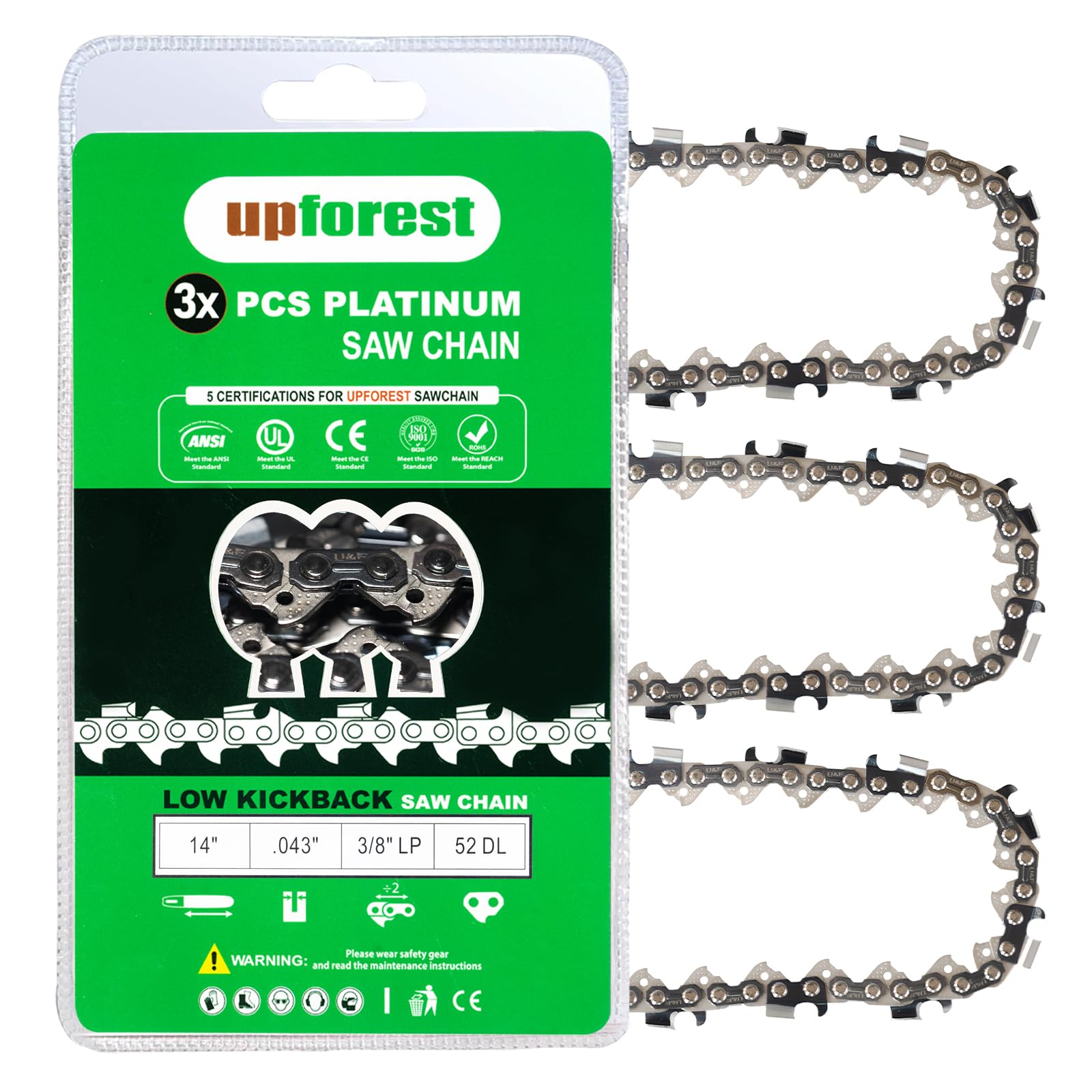 UPFOREST 14 Inch Chainsaw Chain 3-Pack R52, 3/8" LP Pitch - .043" Gauge - 52 Drive Links Low-kickback fit for KOBALT KCS 4040-06 Echo, Ryobi, LYNXX, Milwaukee, Worx WG384 (90YNS52X3)