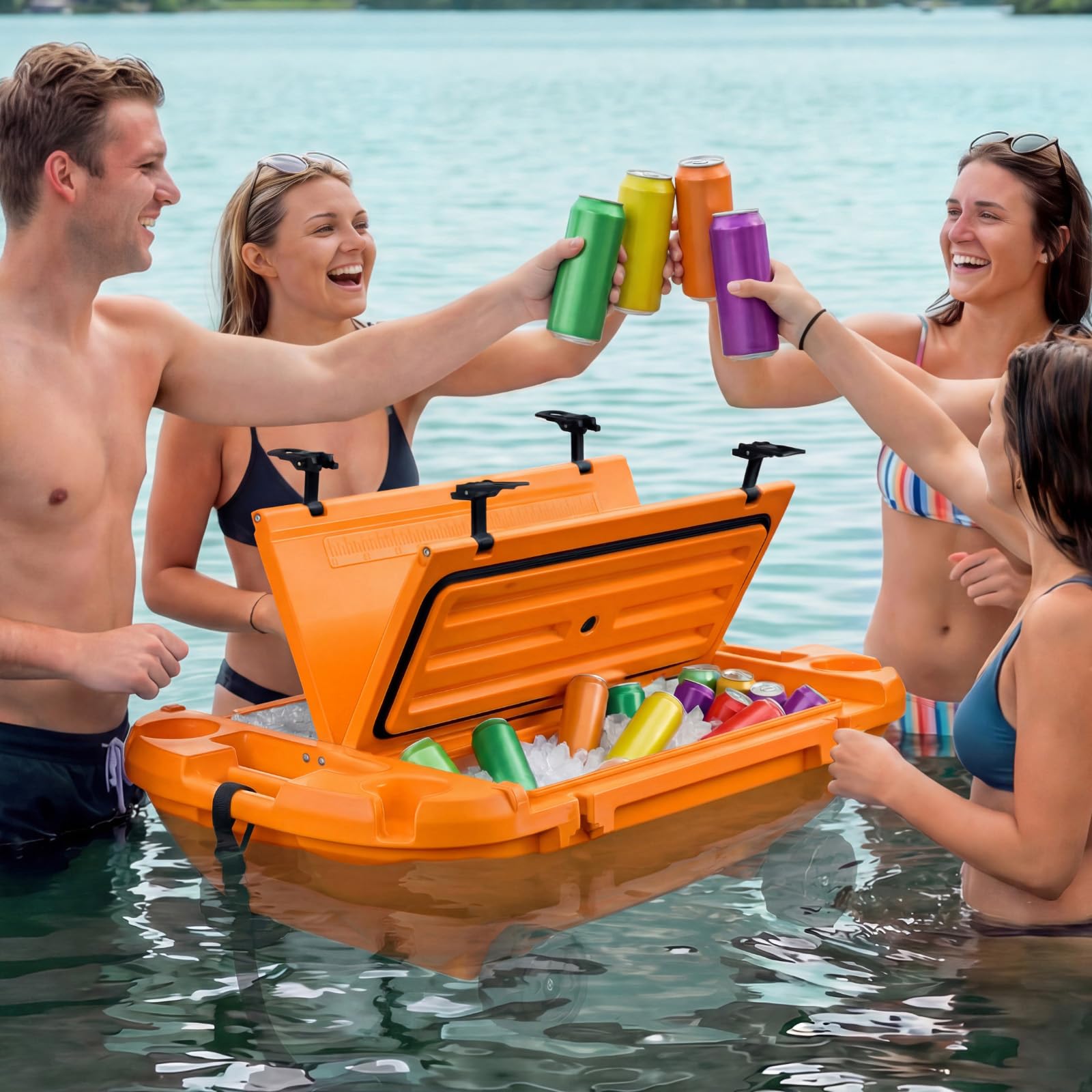 VEVOR Amphibischer Schwimmender Kühler, 37,9 L Schwimmender Getränkekühler mit Trockenfach Rädern Zugseil für Wasser & Land, Kippstablier Kühlbehälter aus LLDPE für Pool Fluss Seen Strand Meer, Orange