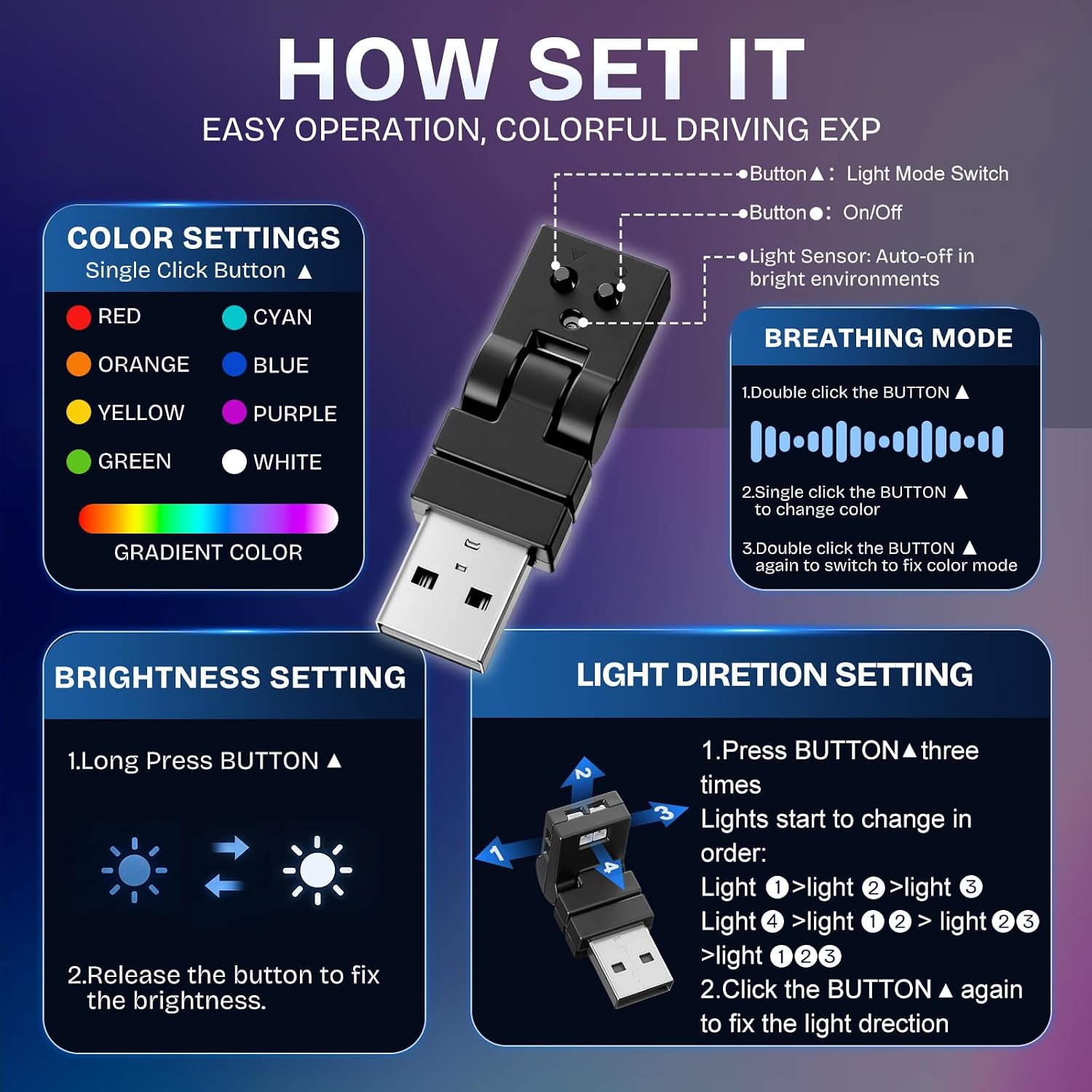 Frienda 2 Pcs Mini USB LED Light Car LED Interior Lighting 5v RGB Foldable Lighting Adjustable 8 Color and Brightness Smart USB Night Lamp for Cars Laptop Keyboard (Manual Switch USB-A)