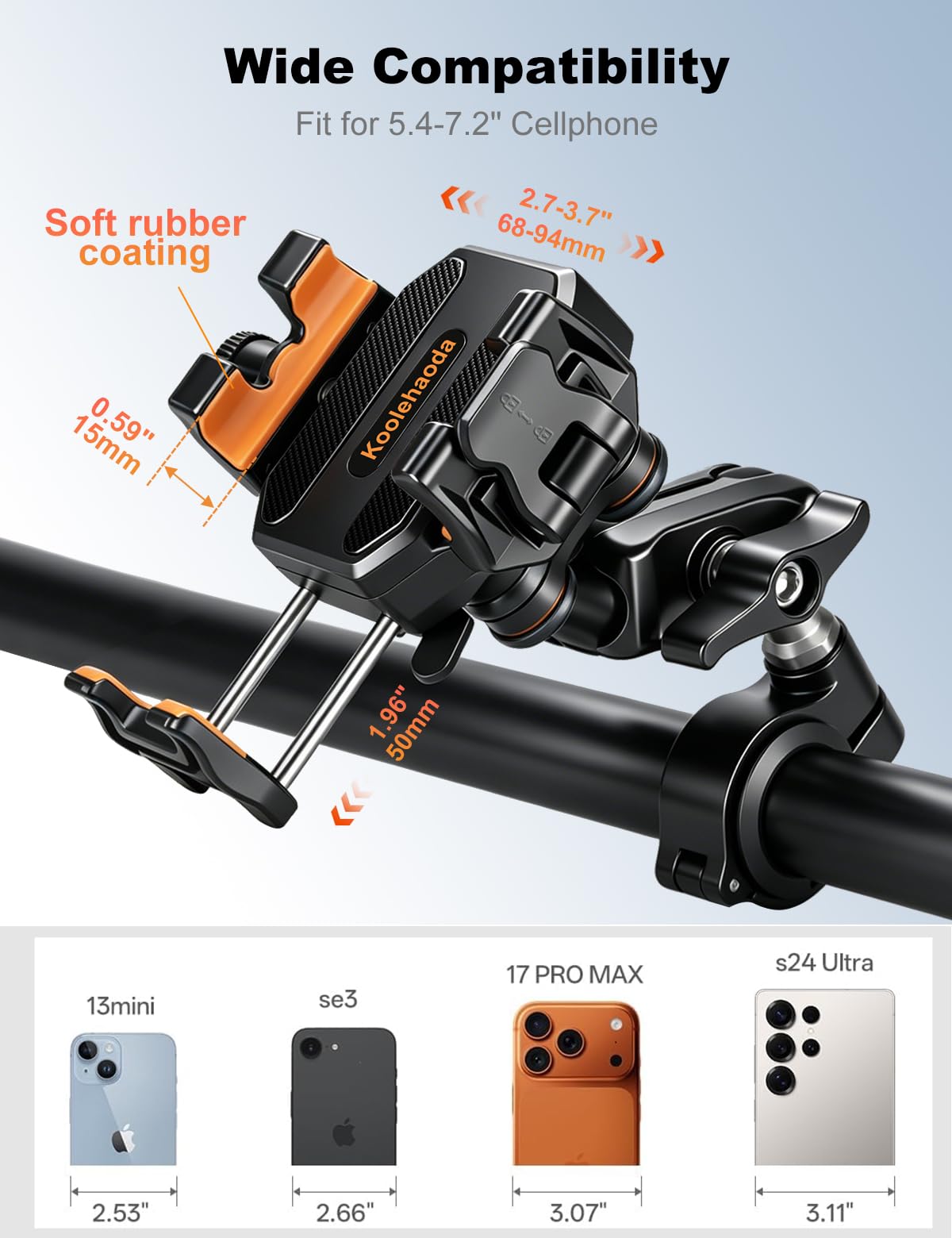 koolehaoda Support Telephone Moto avec Amortisseur de Vibrations [Double Amortisseur] Support de Téléphone Rotatif à 360° pour Moto, Vélo, VTT, UTV, Scooter Compatible avec 5,4-7,2" Smartphone