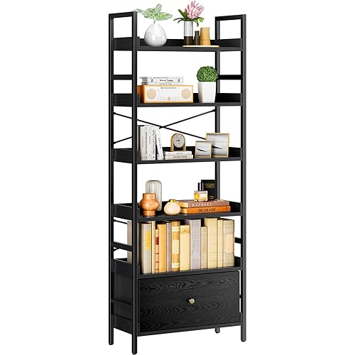Pipishell Bookshelf, 6-Tier Bookcase with Storage Drawer, Tall Bookshelf Storage Rack with Metal Frame & Wood Grain Finish, Industrial Bookshelf for Living Room, Bedroom, and Home Office, PIBS02B