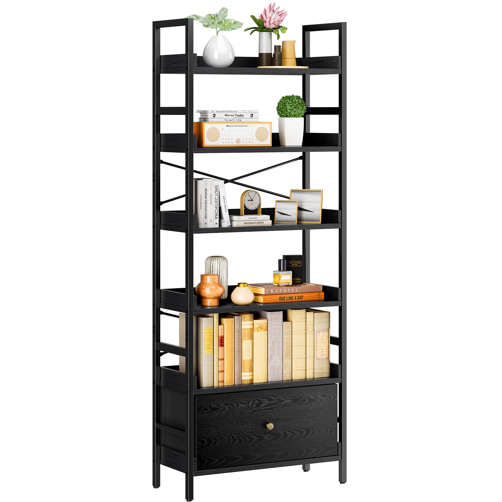 Pipishell Bookshelf, 6-Tier Bookcase with Storage Drawer, Tall Bookshelf Storage Rack with Metal Frame & Wood Grain Finish, Industrial Bookshelf for Living Room, Bedroom, and Home Office, PIBS02B