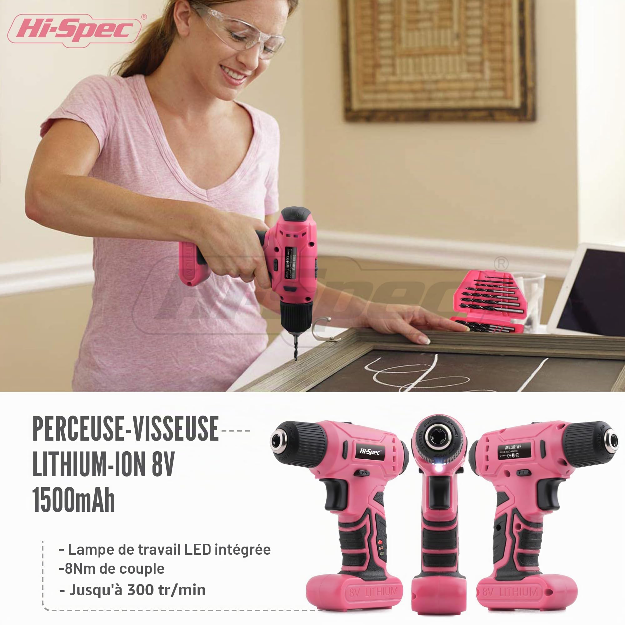 Hi-Spec Perceuse Visseuse devisseuse sans Fil 8V Rose 58pc Boite a Outils Complete avec Outils de Bricolage - Embouts, Forets, Marteau, Tournevis et Plus - Travaux, Entretien et Réparations à Domicile