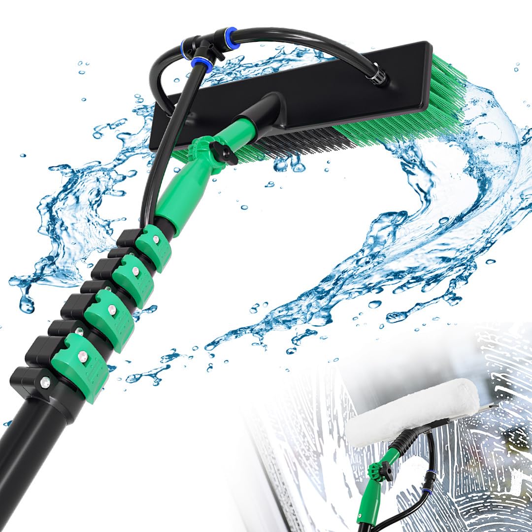 Teleskopbürste 4,8m Alu mit Wasseranschluss | Fensterputzer Set mit 360° Drehdüse, Hochdruckadapter & 10-in-1 Zubehör