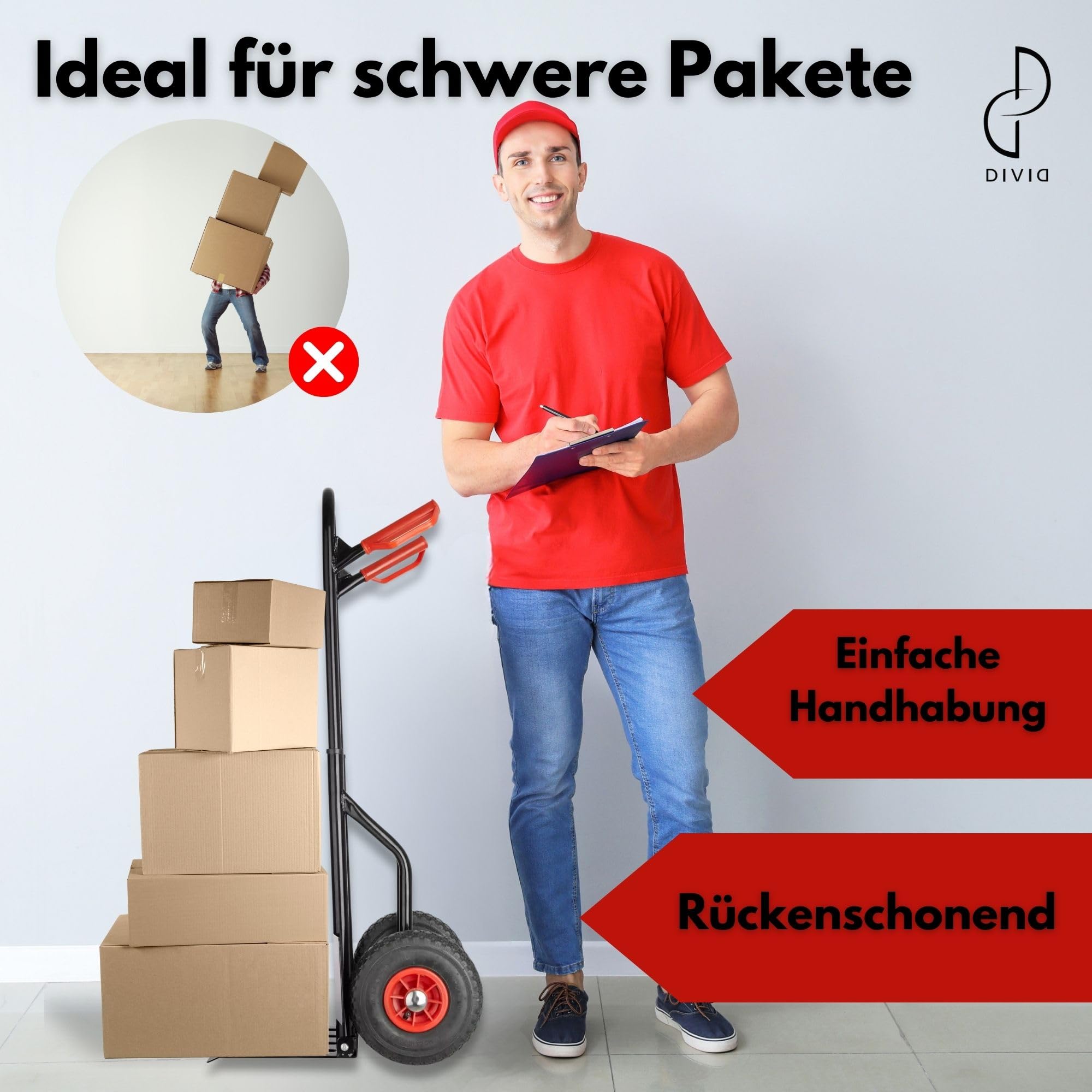 DIVID® Klappbare Sackkarre max. 200Kg, Stahl, ergonomisch Transporter für Umzüge, Lager und Einkäufe (Schwarz)