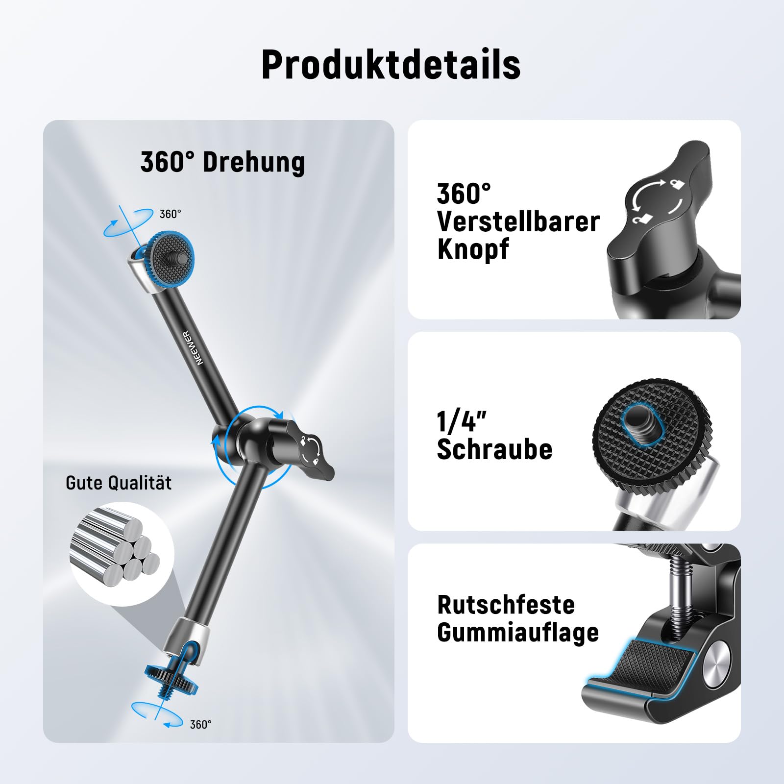 NEEWER 9.8"/25cm Magic Arm verstellbar mit Super Clamp, 1/4" und 3/8" Gewinde, 1/4" Schrauben für Blitz/LED Licht/Mikrofon/Monitor kompatibel mit SmallRig Kamera Käfig, Maximale Belastung: 1.5kg,ST25C