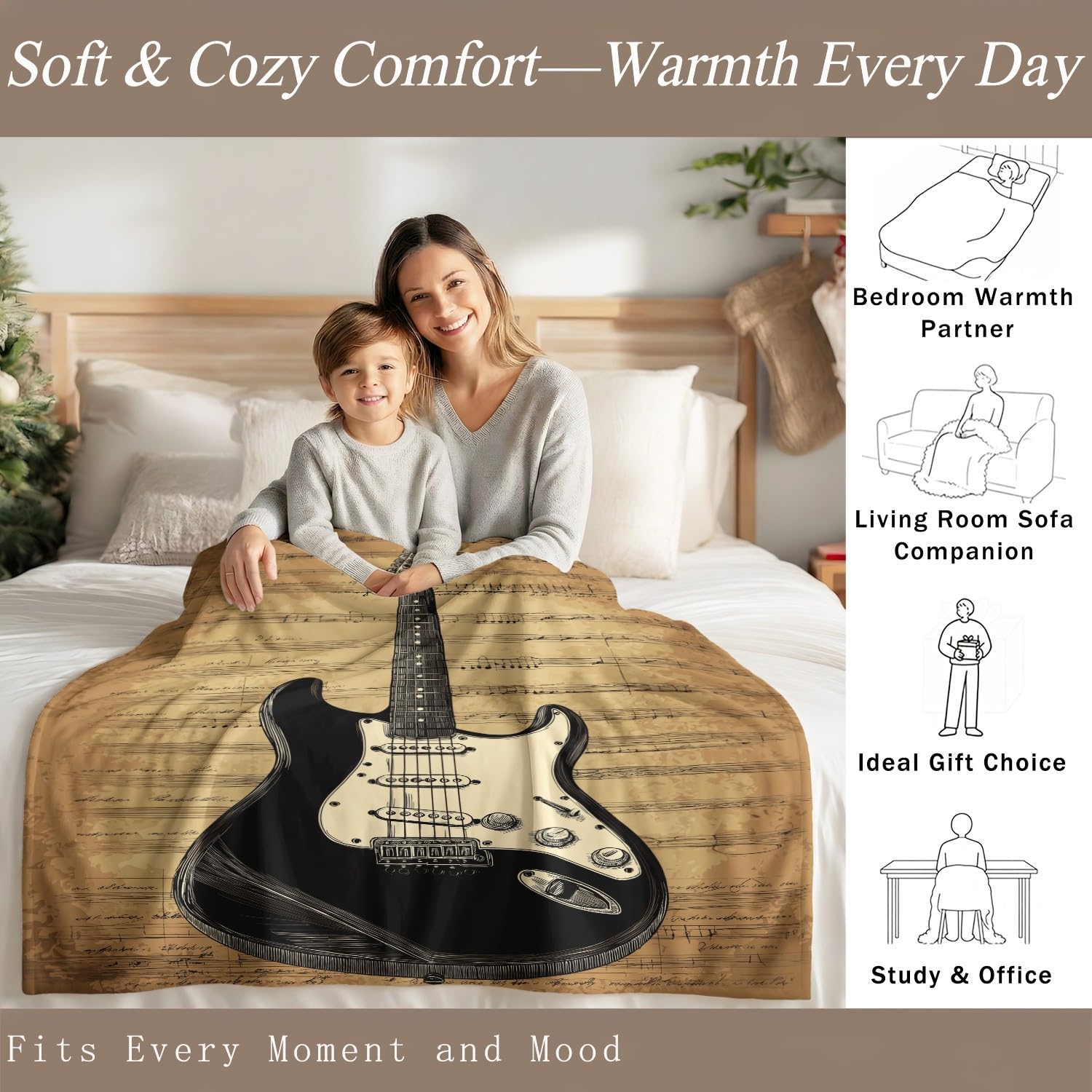 Manta musical de 200 x 200 cm, diseño vintage de instrumentos musicales con notas de guitarra, manta de forro polar acogedora de microfibra para sofá, cama, regalo para padres de niños, marrón