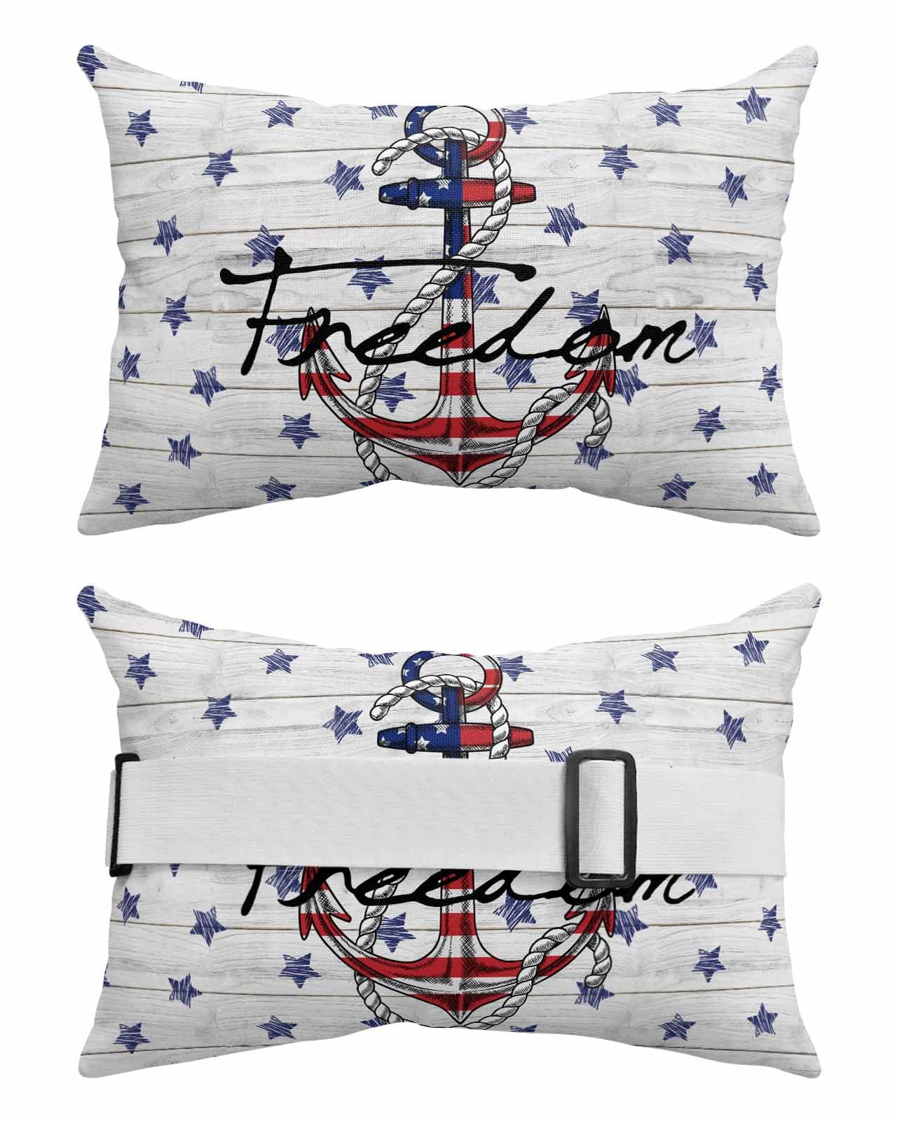 AMZRicher 4th of July Outdoor Waterproof Pillows for Recliner Chaise Lounge Chair, Nautical Anchor Red Blue Stars Wood Grain Lumbar Pillows with Inserts & Elastic Band for Patio Beach 2 Pack-11x16 in