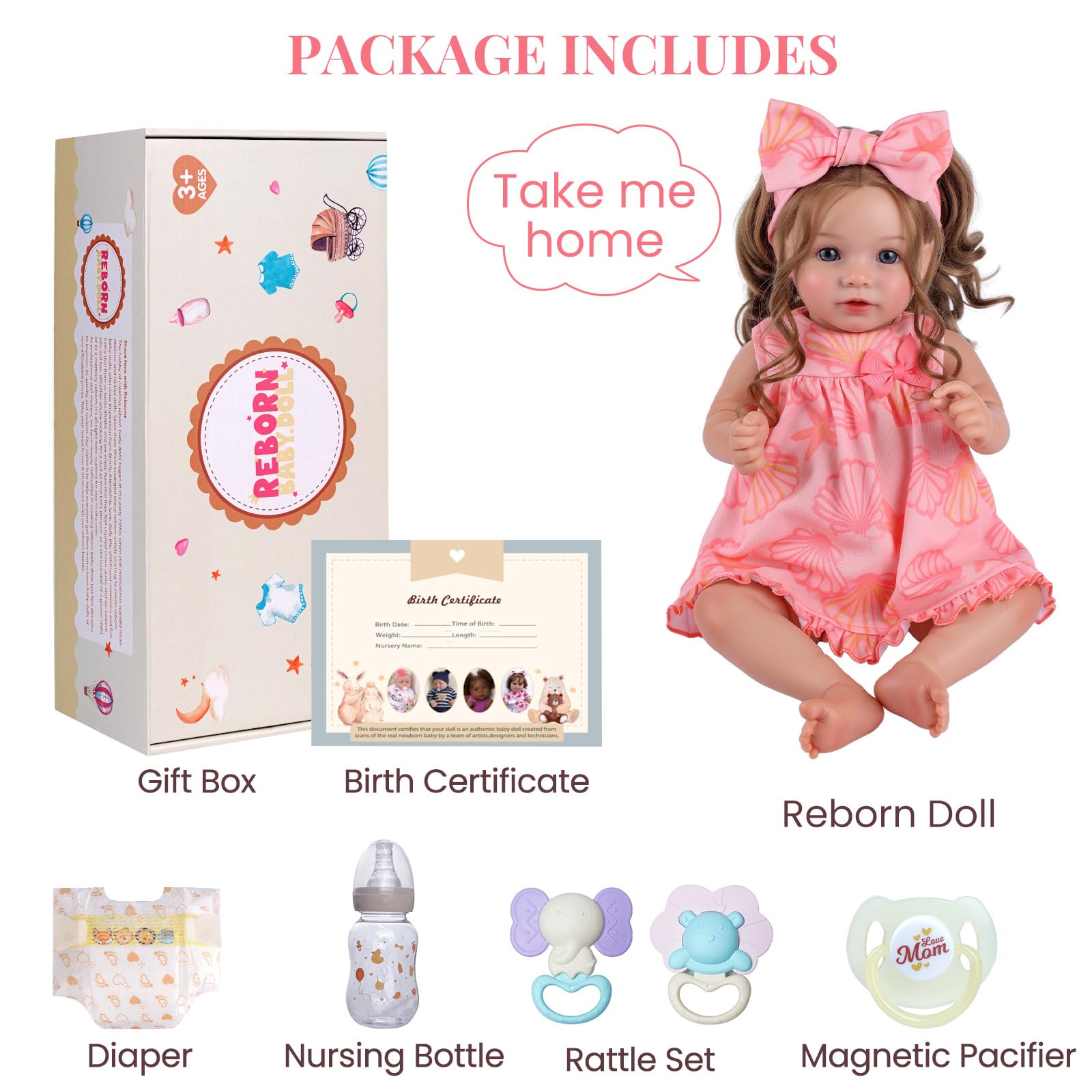 BABESIDE Lebensechte Reborn Babypuppe – 20 Zoll Realistische Reborn Puppe Mädchen mit Langen Lockigen Braunen Haaren, Weichem Stoffkörper, Outfit & Zubehör für Kinder ab 3 Jahren