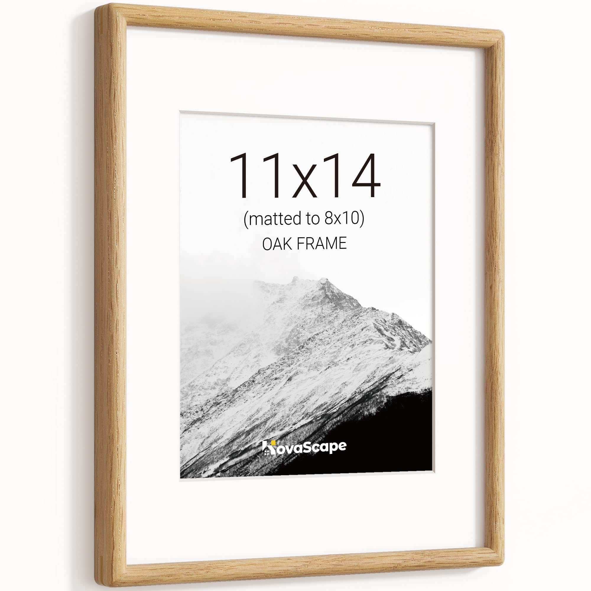 KovaScape 11x14 Picture Frame, Solid Oak Wood Photo Frame with Tempered Real Glass, Includes White Mount for 8x10 Photo, Rounded Corner Design, For Wall Hanging — image 1
