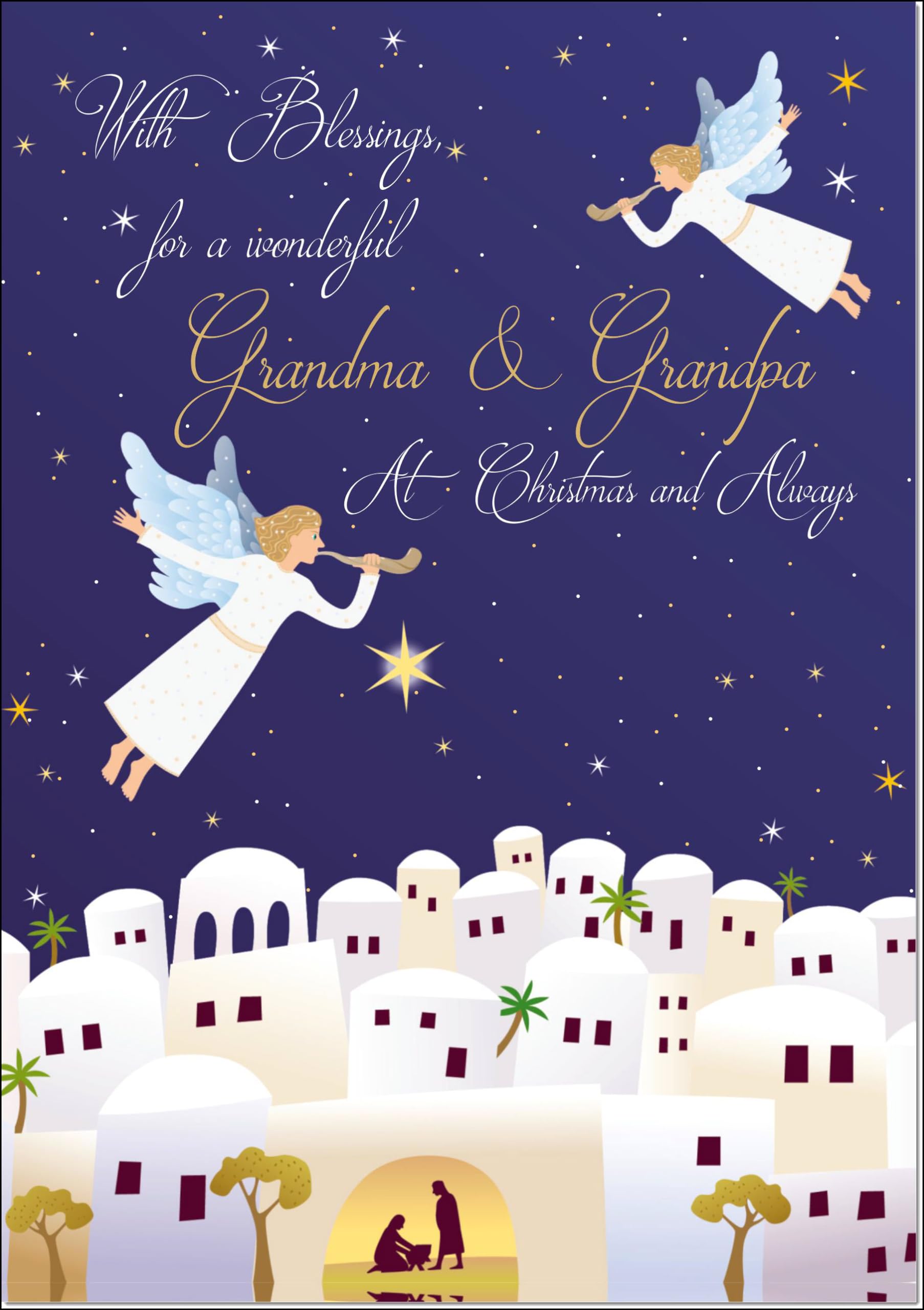 doodlecards Grandma and Grandpa Christmas Card Nativity Scene Angels Bethlehem Large A4 Size Christmas Card for Grandma & Grandpa with Plain Envelope — image 1