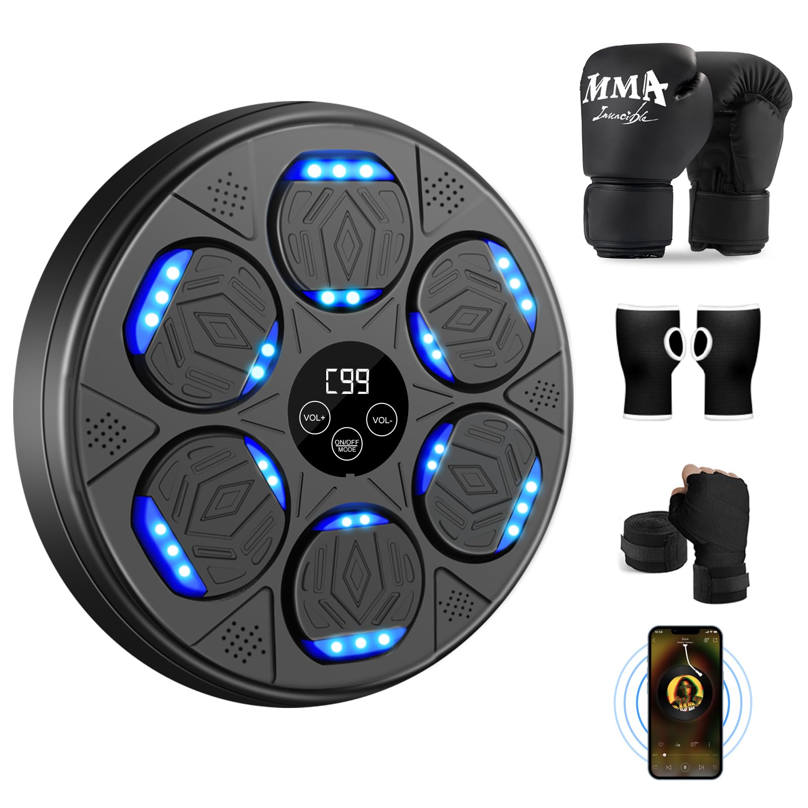 Macchina Da Boxe Musicale Bluetooth Con Guantoni – 9 Velocità, Display LED, Montaggio A Parete Senza Fori, Per Adulti E Bambini - 3