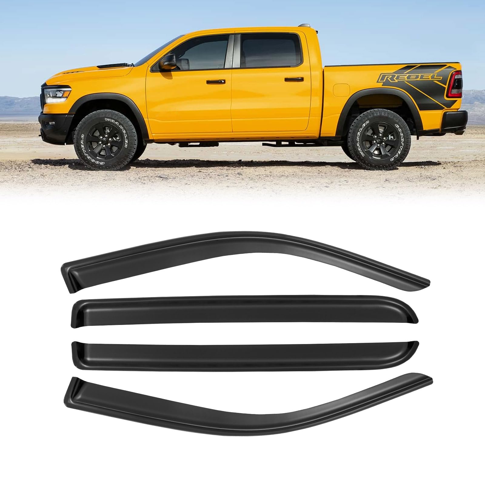 window rain guards for 2019-2025 dodge ram 1500 crew cab(new body style), tape-on window visors wind deflectors shade vent sun visors rain shields 2020 2021 2022 2023 2024, 4pcs