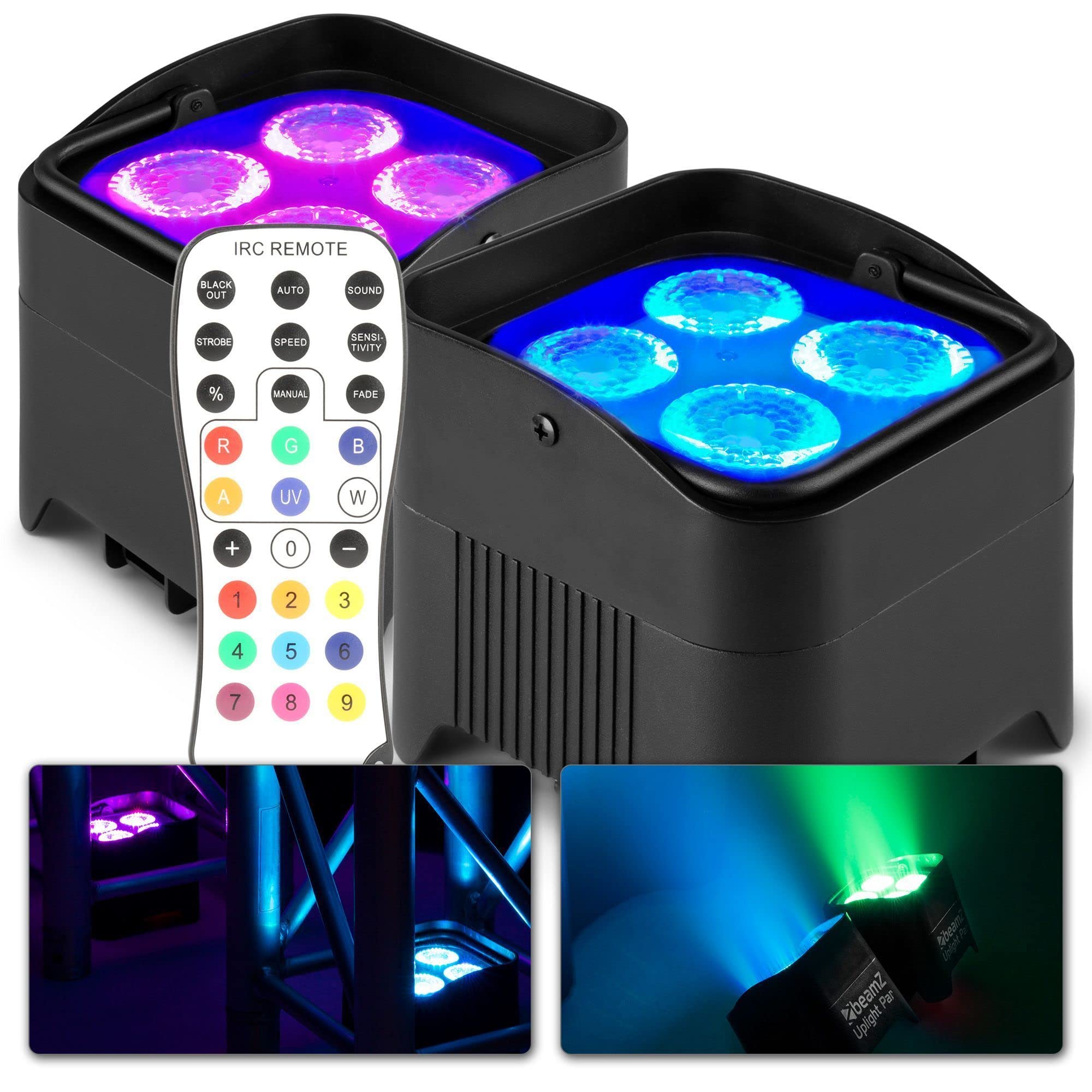 BeamZ BBP94W Uplight LED Par Strahler, 2er Set - 4x 12 Watt, bis zu 9h Akku, Bühnenbeleuchtung für DJ Pult, Bühnenlicht, DMX-WLAN, Partylicht Musikgesteuert, Bühnenequipment, Fernbedienung