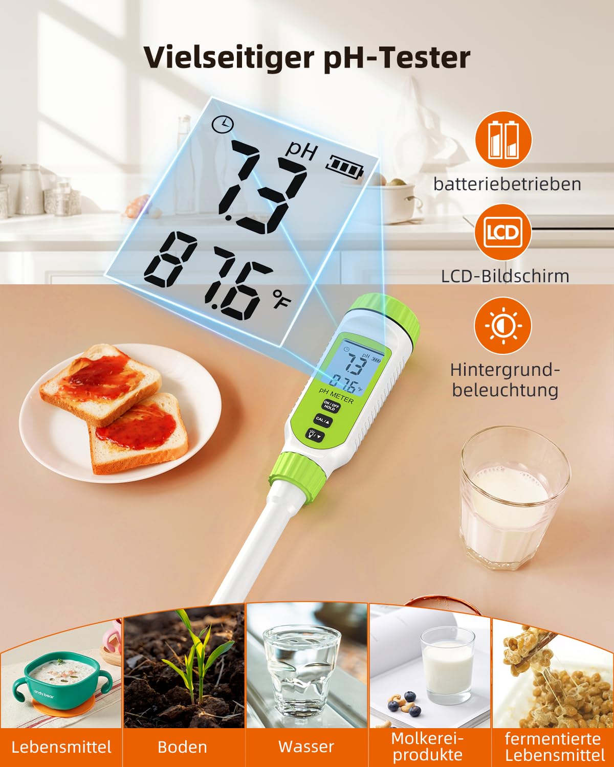Tadeto pH Messgerät, Hohe Präzision Digitale pH Tester für Wasser, Erde, Pool, Boden, Trink, Garten, pH Meter mit Thermometer LCD Display und Kalibrierung Set und Legierung Schutzkapp