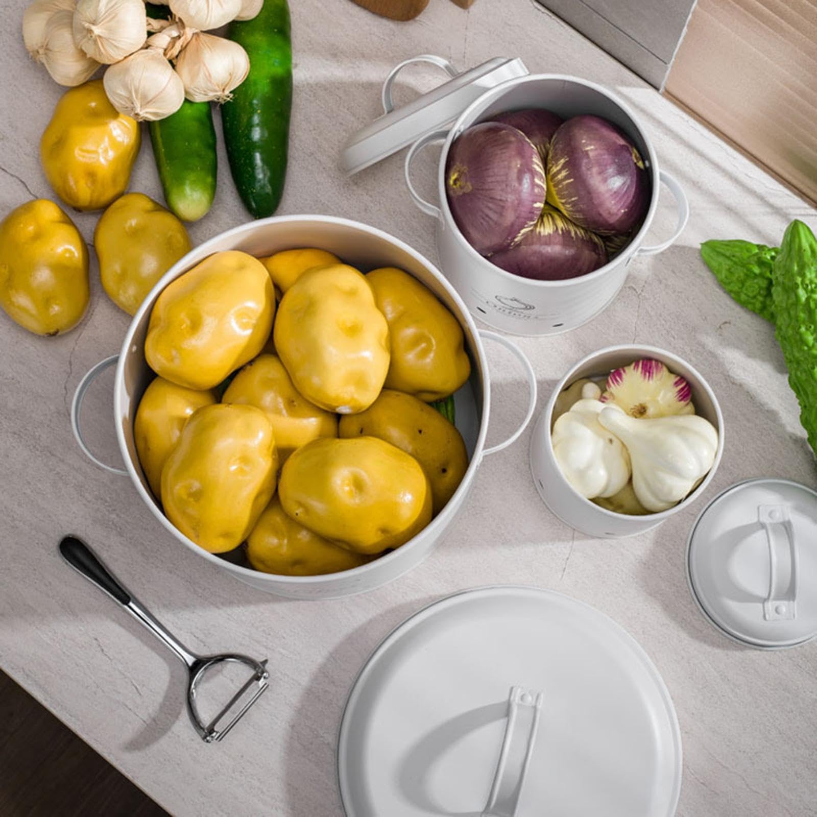 3er Set Zwiebel Aufbewahrungsgläser, Vorratsdosen Set, Fassungsvermögen: 1–2 Stück, lichtgeschützt, für optimale Frische von Kartoffeln und Zwiebeln