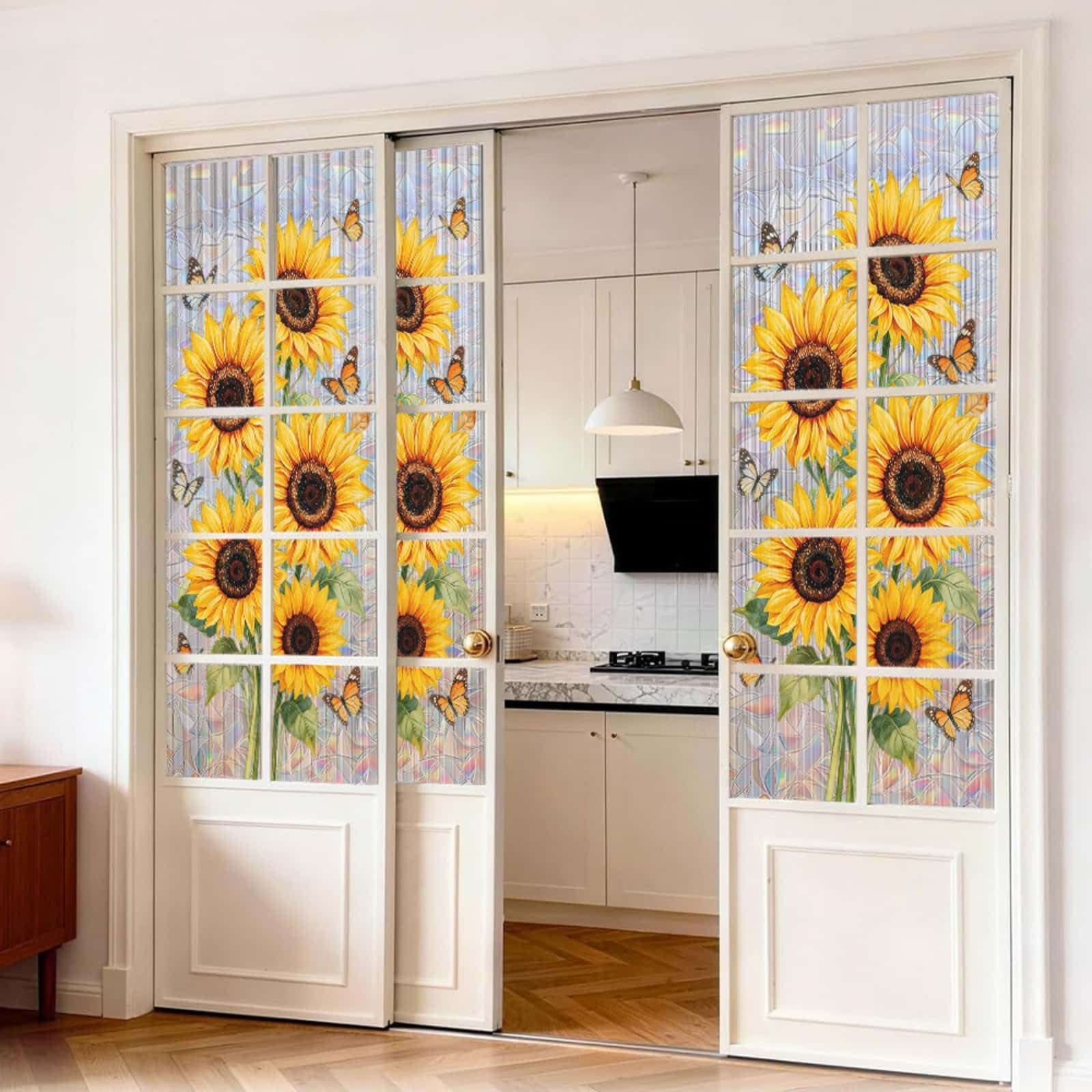 Privacy Film for Glass Windows 43x200cm Yellow Sunflower Stained Glass Window Film Non Adhesive Reusable Waterproof PVC Opaque Window Stickers for Bathroom Office Decoration