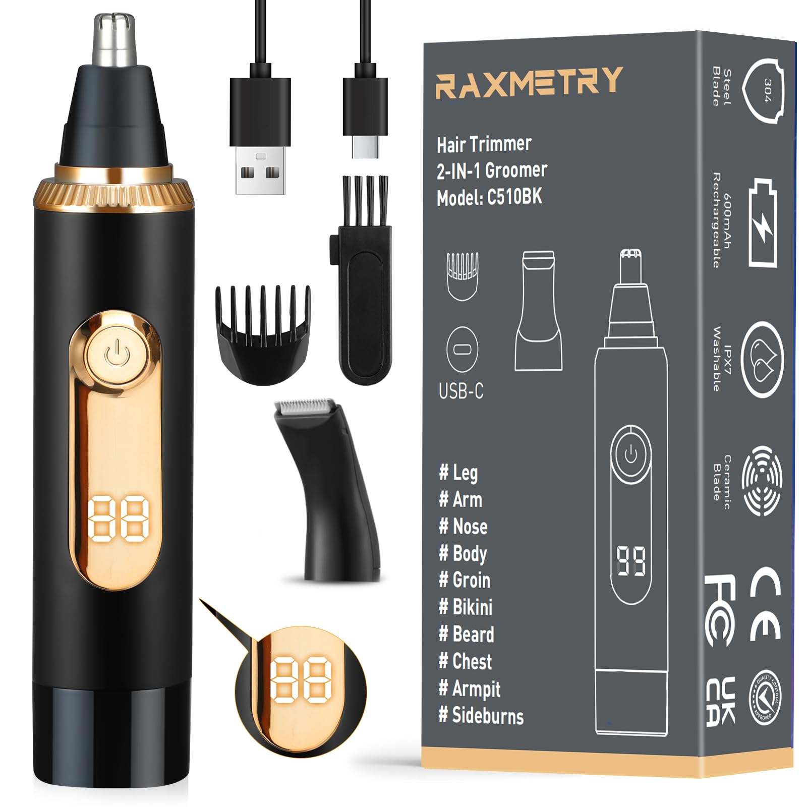 Nasenhaartrimmer Herren, 2 In 1 Nasenhaarschneider mit LED Akku Anzeige,Nasentrimmer Ohrhaartrimmer Gesichtshaartrimmer für Männer & Frauen, USB-C Wiederaufladbarer, IPX7, Doppelklingen Schmerzfreier