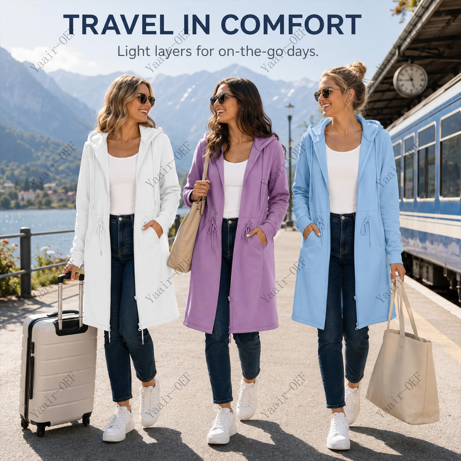 Veste Sweat Femme Longue Zippée à Capuche avec Cordon et Taille Réglable