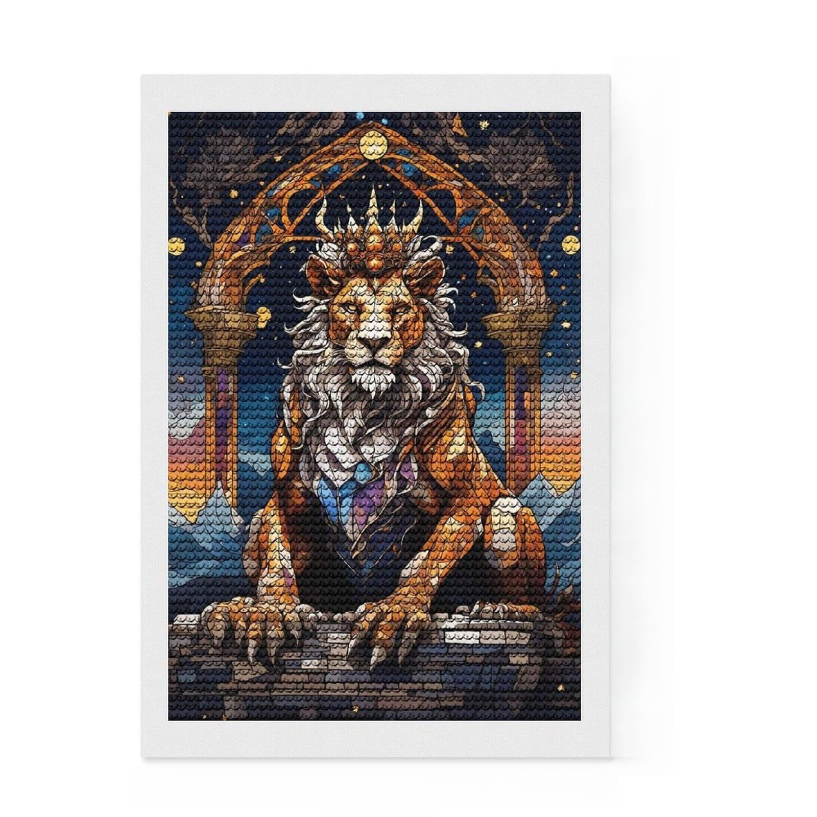 Junmoney Queen Lion Stained Glass Diamond Art Kit 8"x12", Easy to Follow Symbols, Mindful Craft Activity, Bedroom Decor, Christmas Gift