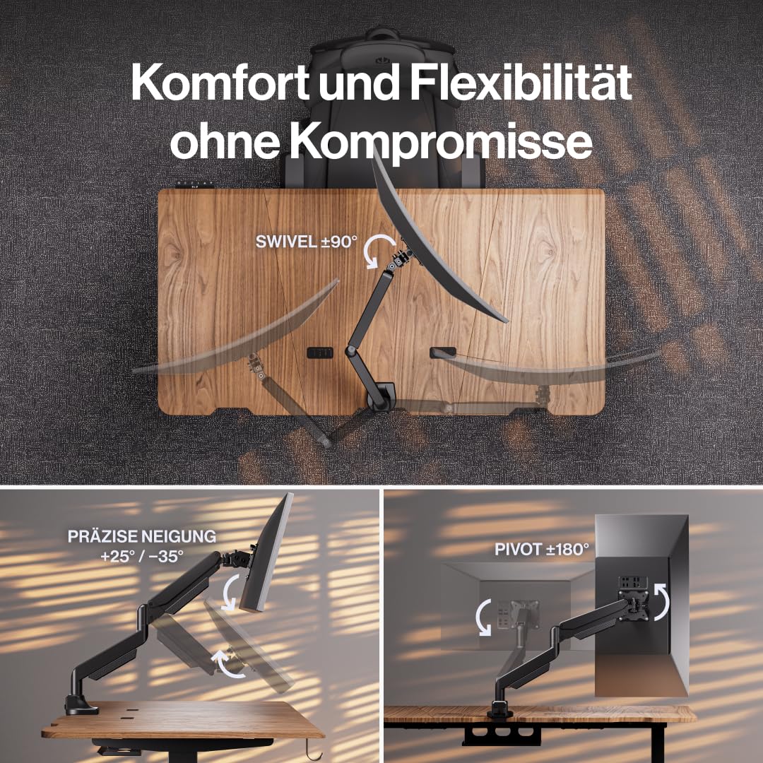 ENDORFY Atlas GS Pro Single, Profesjonalne Gazowe Ramię do Monitora 13-49", Udźwig do 16 kg, Wzmocniony Uchwyt Biurkowy VESA 75/100, Funkcja Pivot 180°, System Zarządzania Kablami
