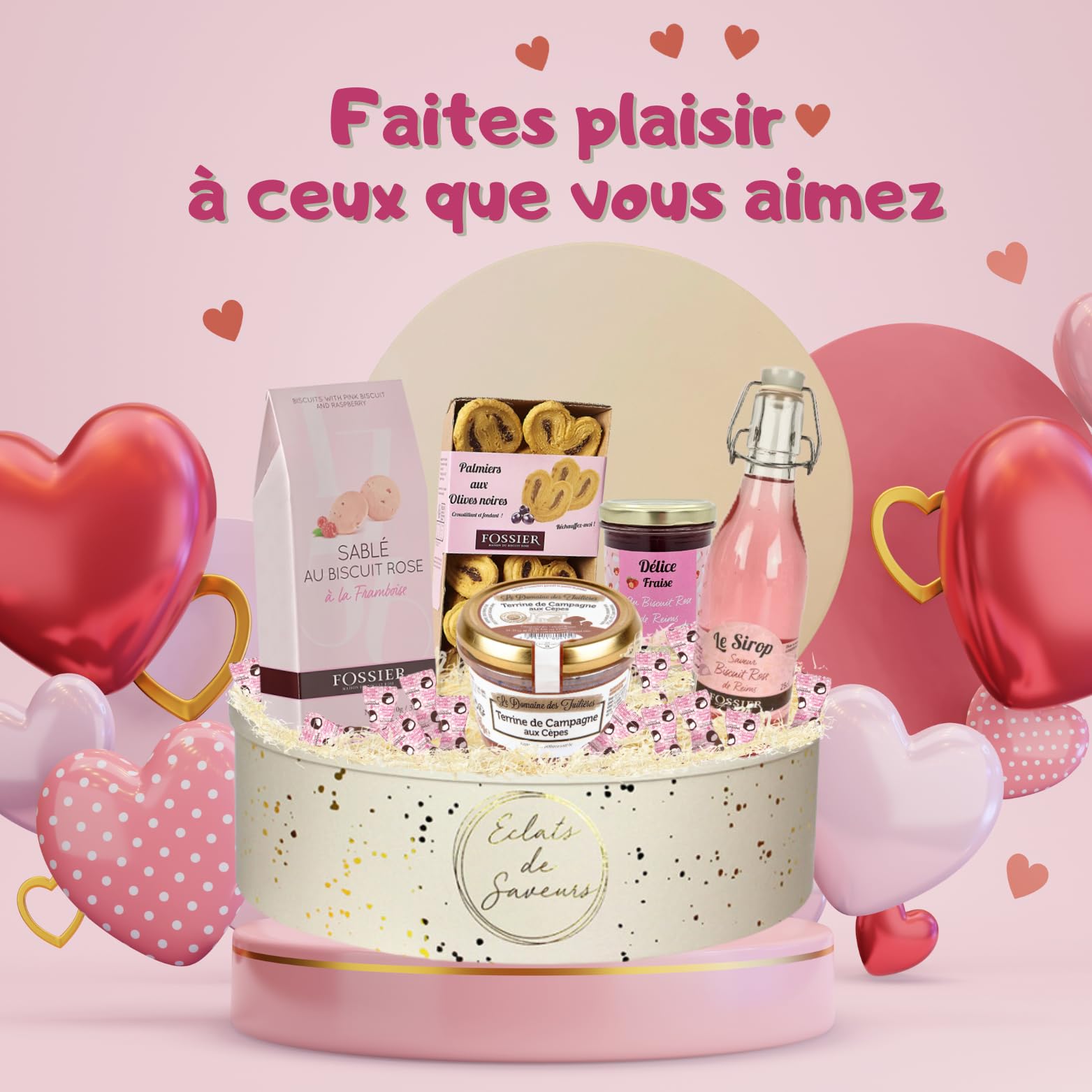Coffret gourmand FOSSIER et MONBANA - biscuits roses, confiture, guimauves | Coffret FOSSIER et MONBANA - biscuits roses, confiture, sirop, guimauves et terrine - cadeau gourmand à offrir en fête