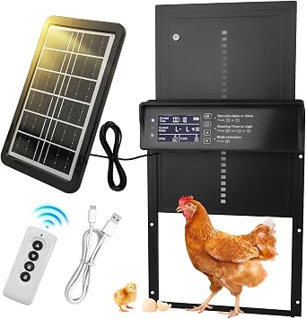 Automatic Chicken Coop Door Solar Powered, LCD Screen Auto Chicken Coop Door with Timer & Light Sensor, Anti-Pinch, Remote Control, Aluminum Waterproof, 4 Modes Solar Chicken House Door