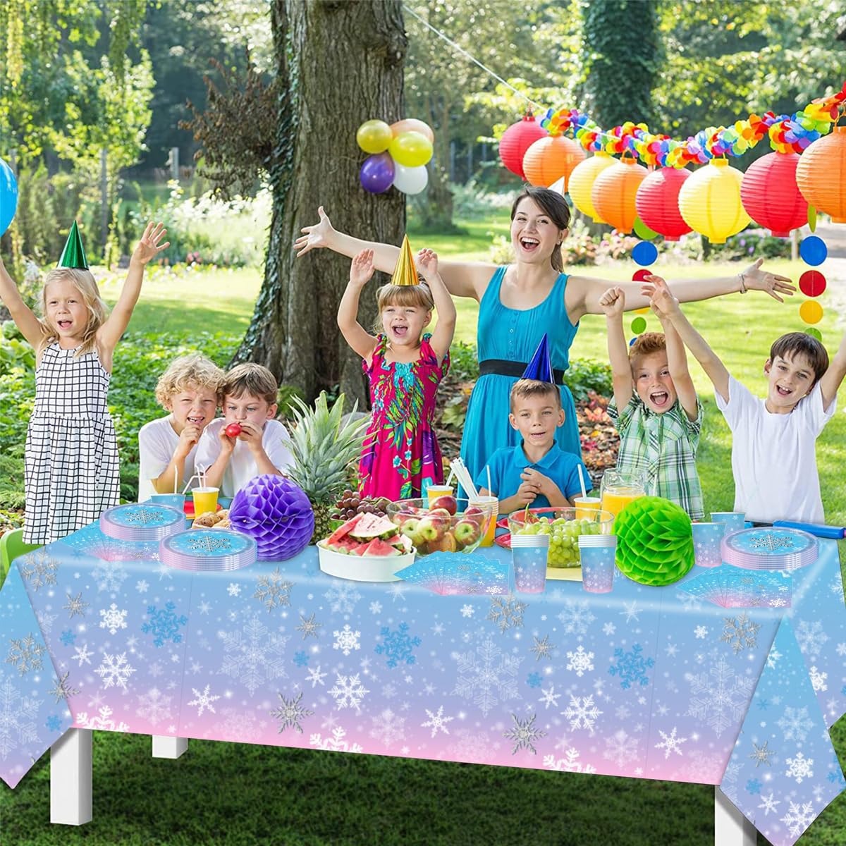 Fuwraixis Frozen Stoviglie per feste, 61 pezzi Fiocchi di neve Stoviglie per compleanni per bambini, Tema neve e ghiaccio Set di piatti di carta per feste, Compresi bicchieri, tovaglioli e tovaglie