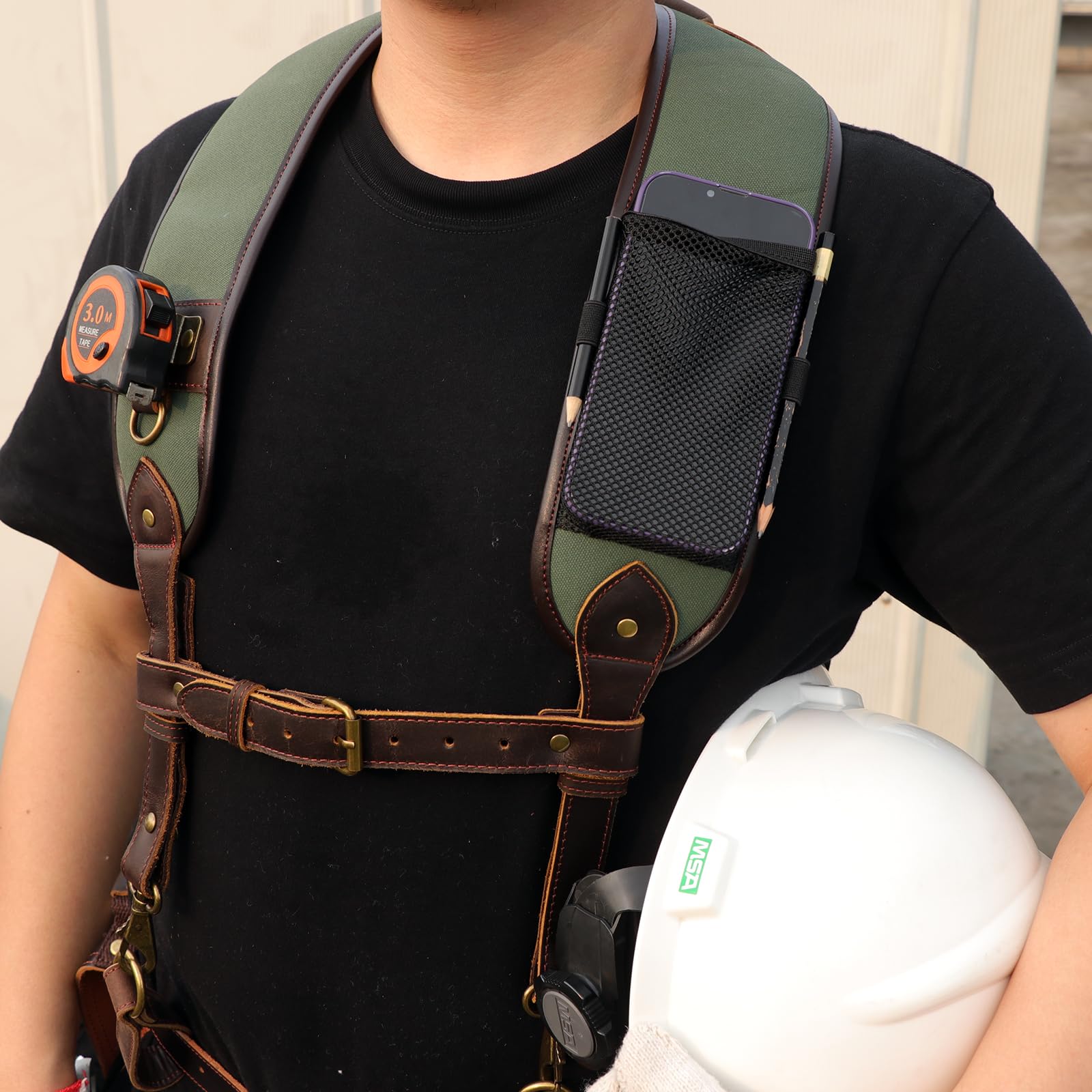 TOURBON Cintura portautensili in tela e pelle con bretelle per falegnami, pantaloni regolabili di sicurezza del lavoro, imbottiti, per elettricisti